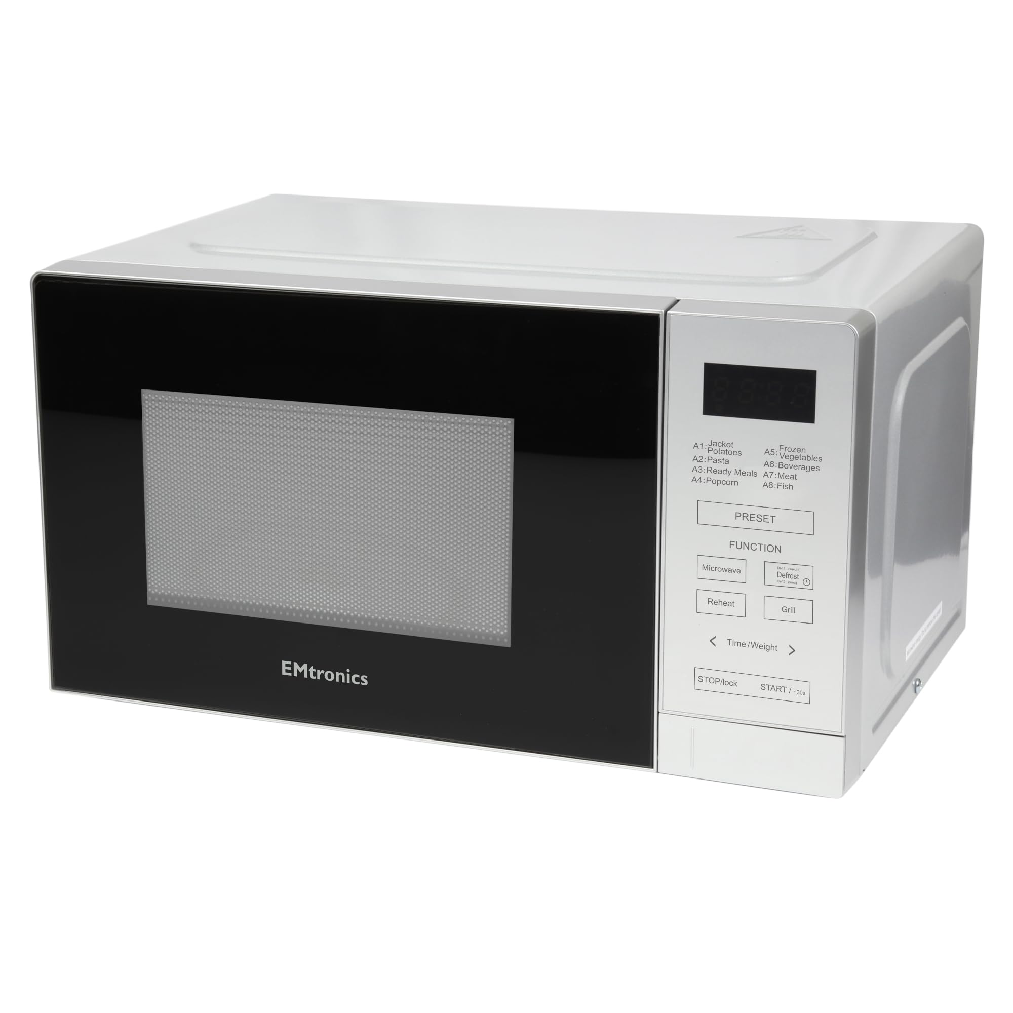 EMtronics 20L Digital Microwave with 800W Grill & 10 Power Levels – Silver