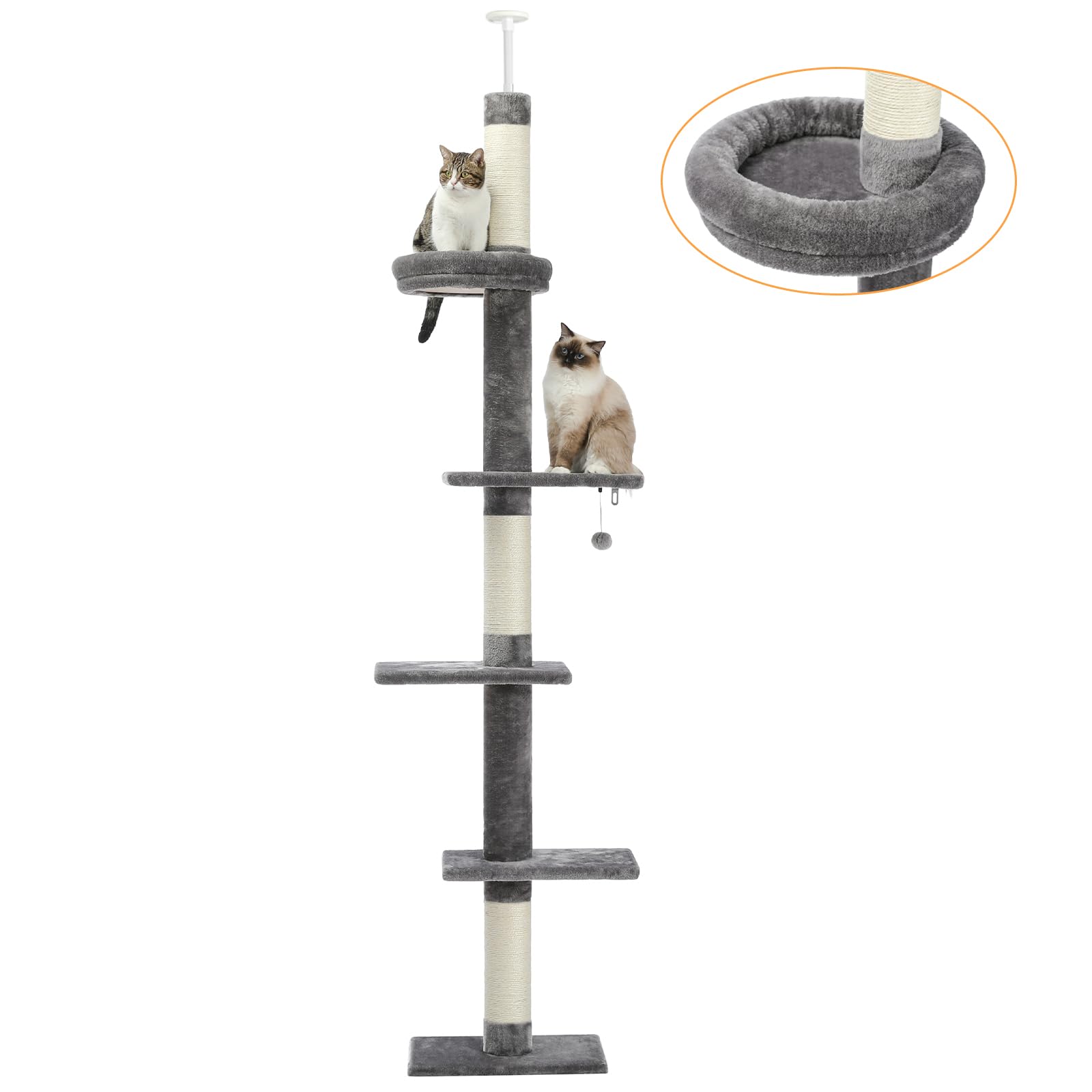 PAWZ Road 5-Tier Floor to Ceiling Cat Tree | Adjustable Height Tower - Grey