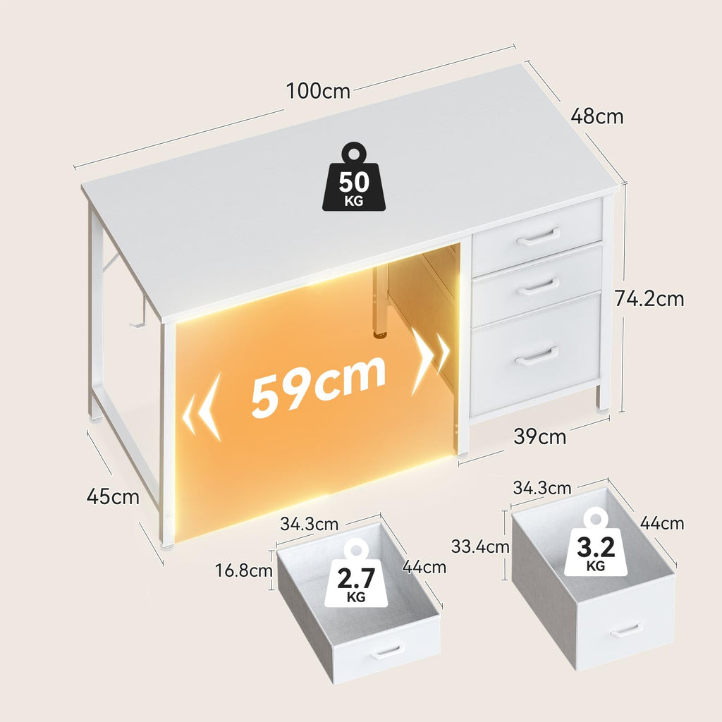Coleshome Computer Desk with Drawers, 100cm Office Desk with Storage, White - image 3