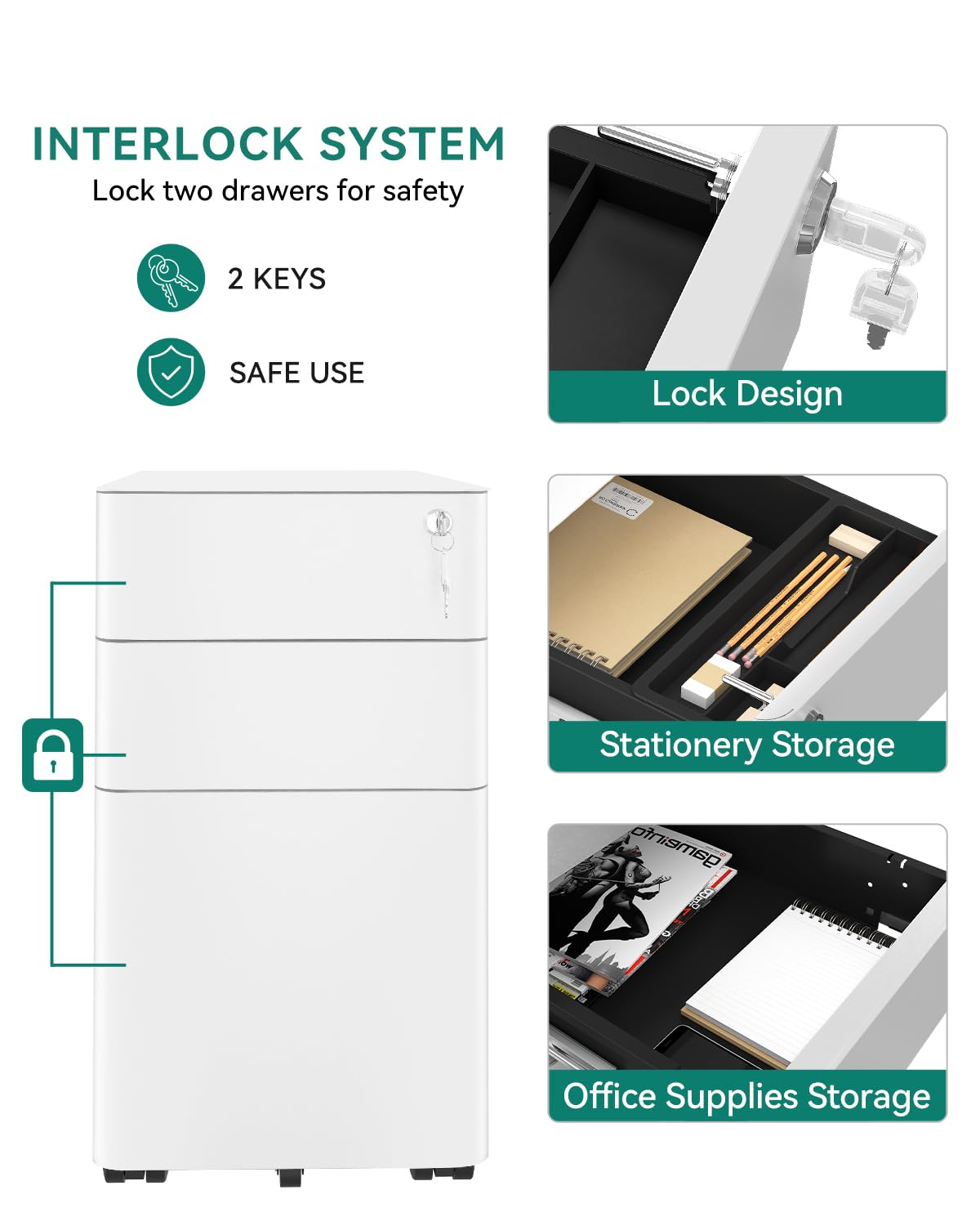 YITAHOME 3-Drawer Mobile Filing Cabinet | Lockable Steel Under Desk Storage