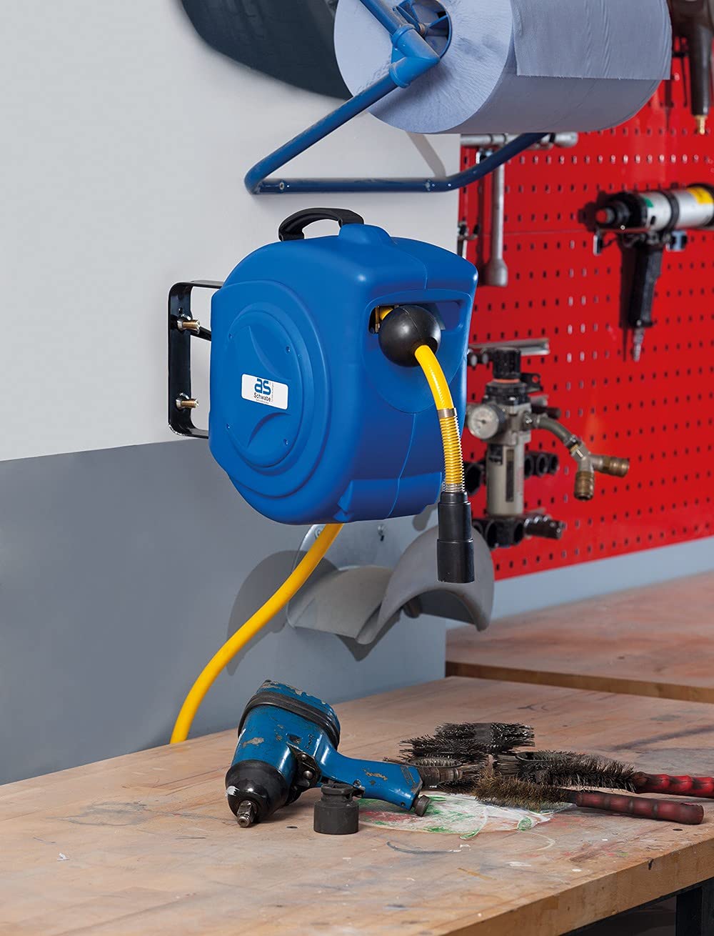 as - Schwabe 10m Retractable Compressed-Air Hose Reel - 15 Bar Blue