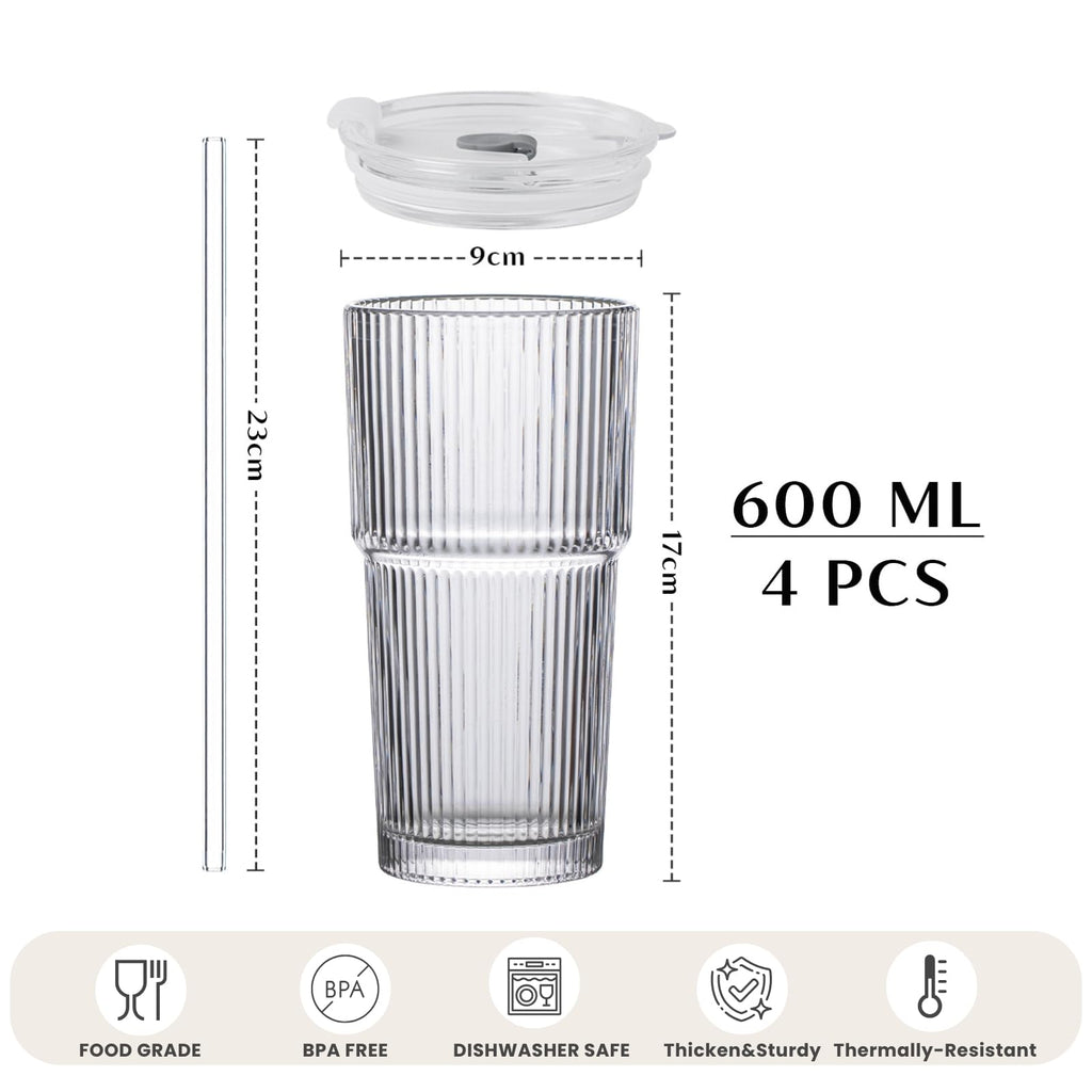 INSETLAN Ribbed Glass Tumblers with Lids and Straws - 600ml Set of 4