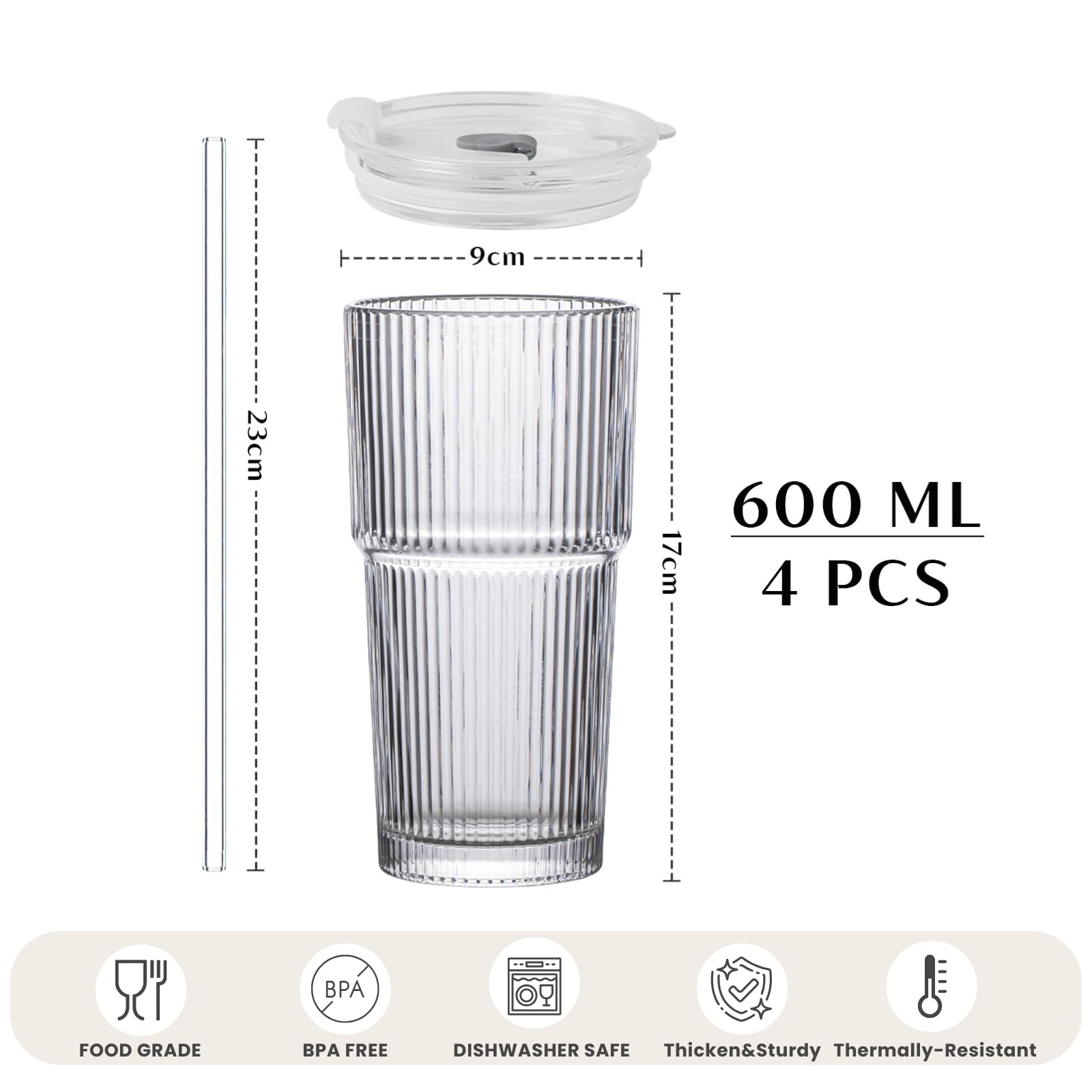 INSETLAN Ribbed Glass Tumblers with Lids and Straws - 600ml Set of 4
