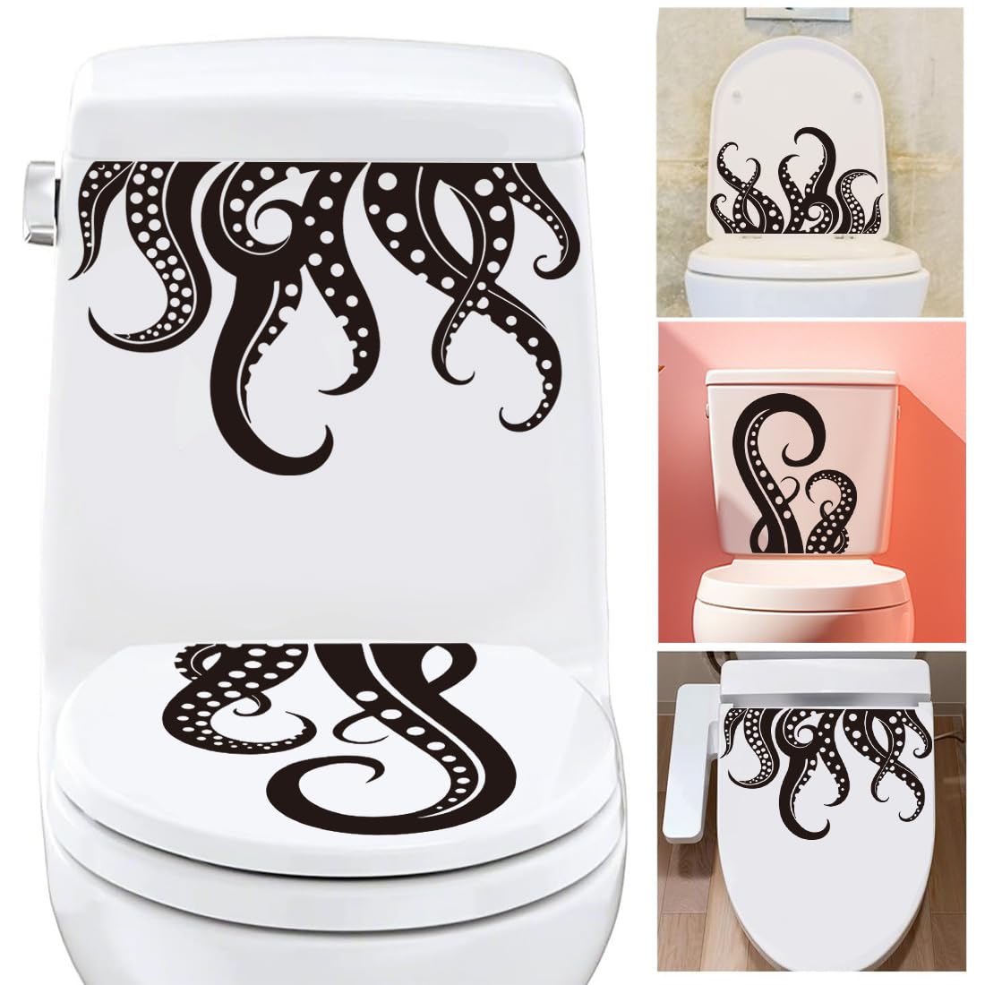 PLIGREAT 2 Pcs Octopus Tentacles Toilet Seat Lid Stickers – Black PVC Decals