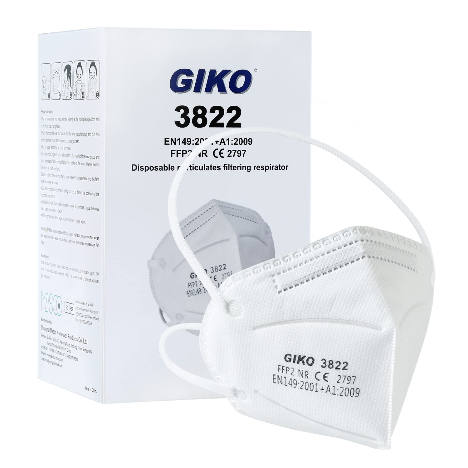 GIKO FFP2 Respirator Masks – 50 Pack 5-Layer Disposable Face Masks, White