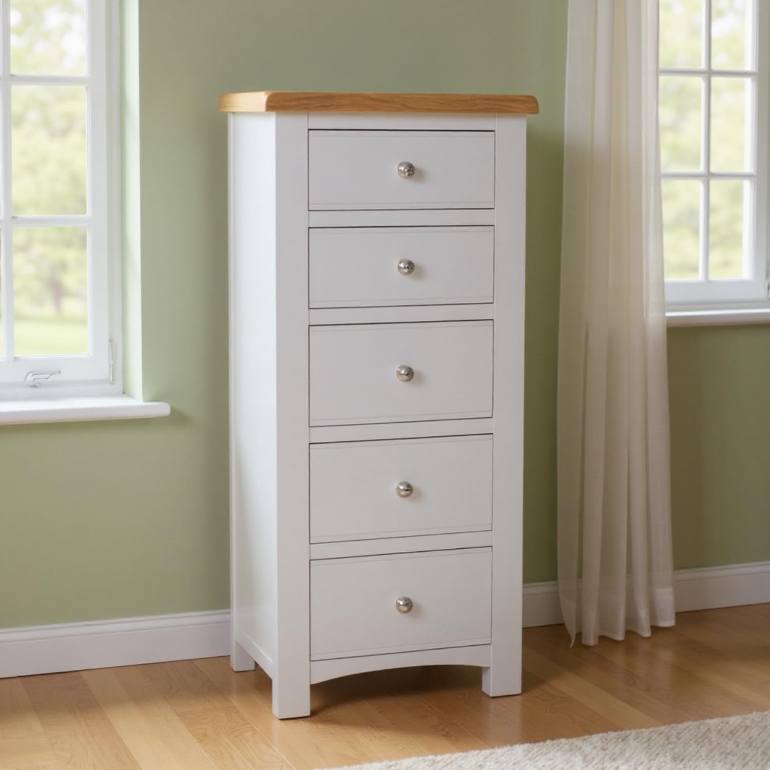 GROFurniture Cashmere Grey Slim Wellington Chest - 5 Drawer Oak Tallboy