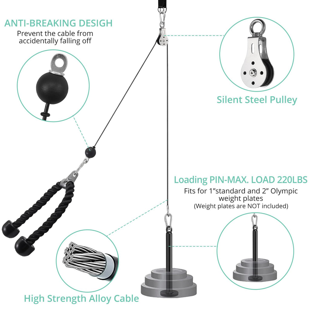 VINTEAM Cable Pulley System – DIY Home Gym LAT Pull Down with Tricep Rope