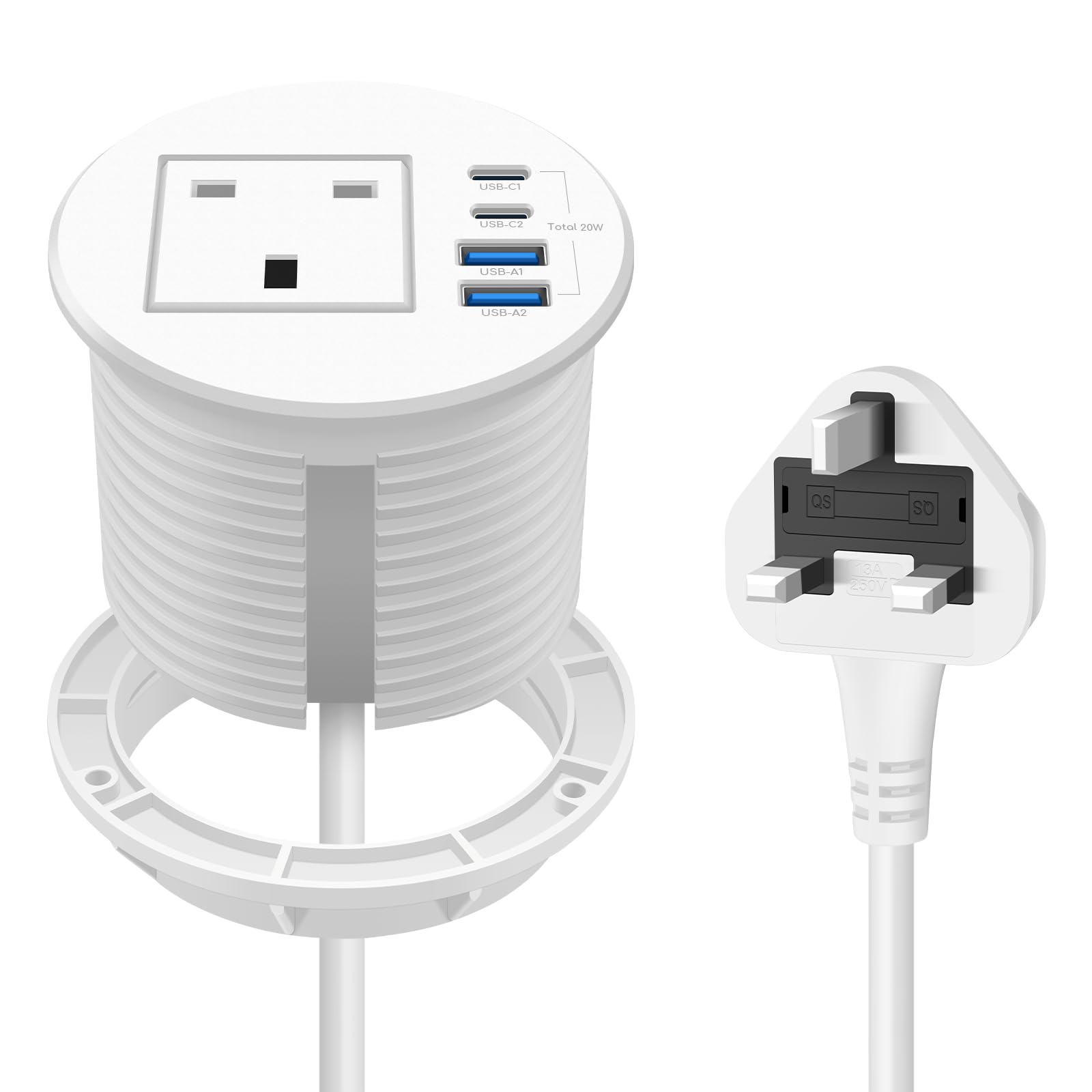 Jolof Store Recessed Desk Power Grommet – 80mm Flush Mount Socket, White