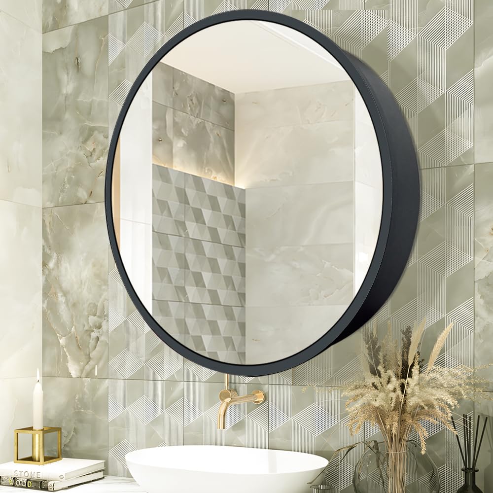 Janboe 26" Round Medicine Cabinet | Black Aluminum Mirror, Soft Close