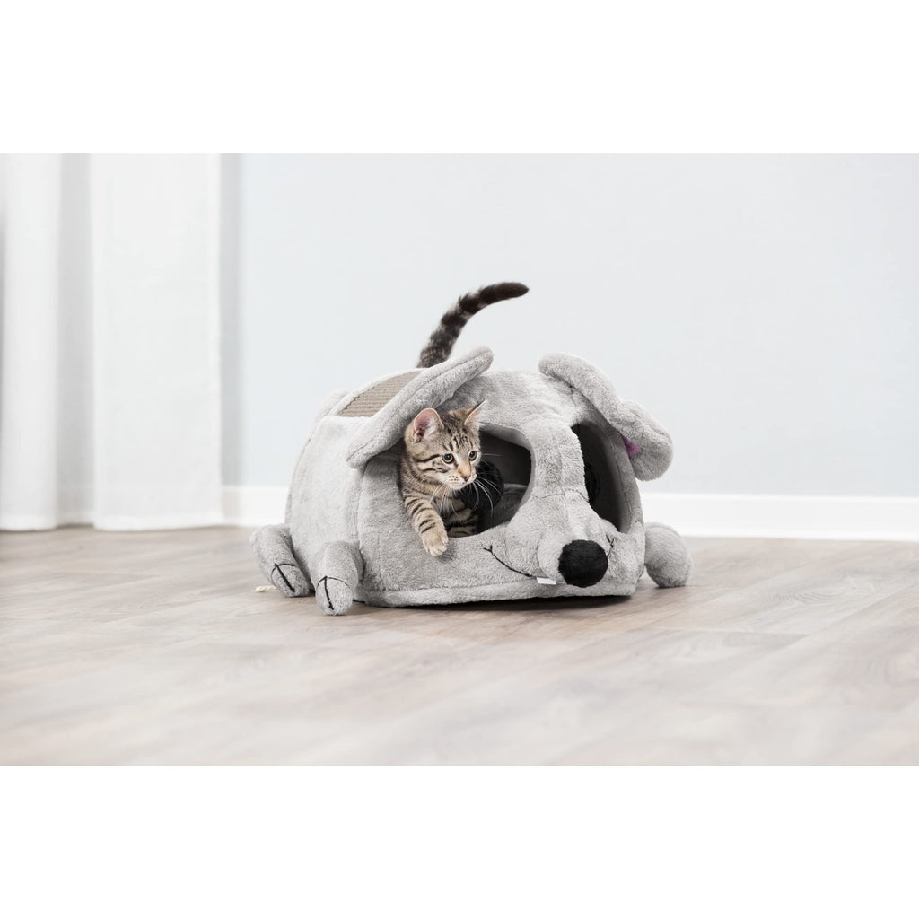TRIXIE Lukas Cat Cuddly Cave – Grey Plush Bed with Sisal Scratcher