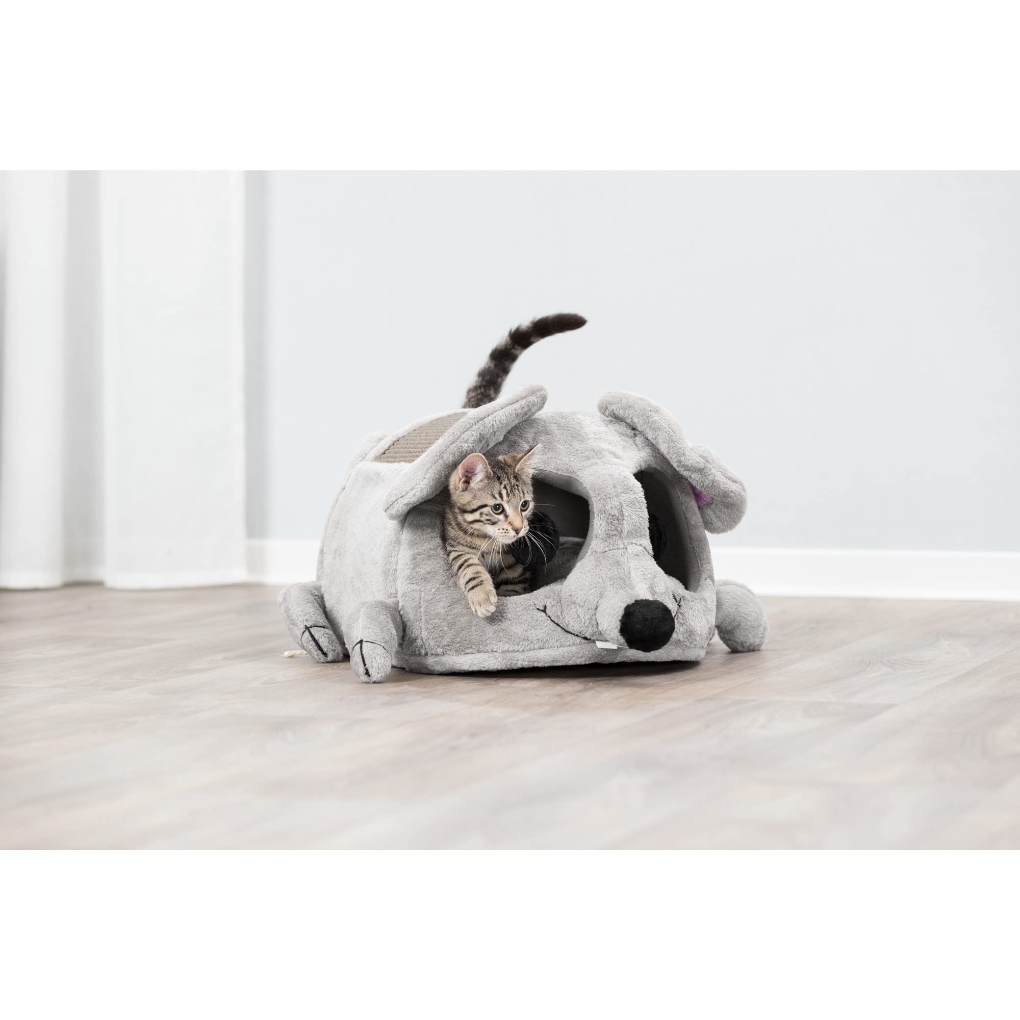 TRIXIE Lukas Cat Cuddly Cave – Grey Plush Bed with Sisal Scratcher