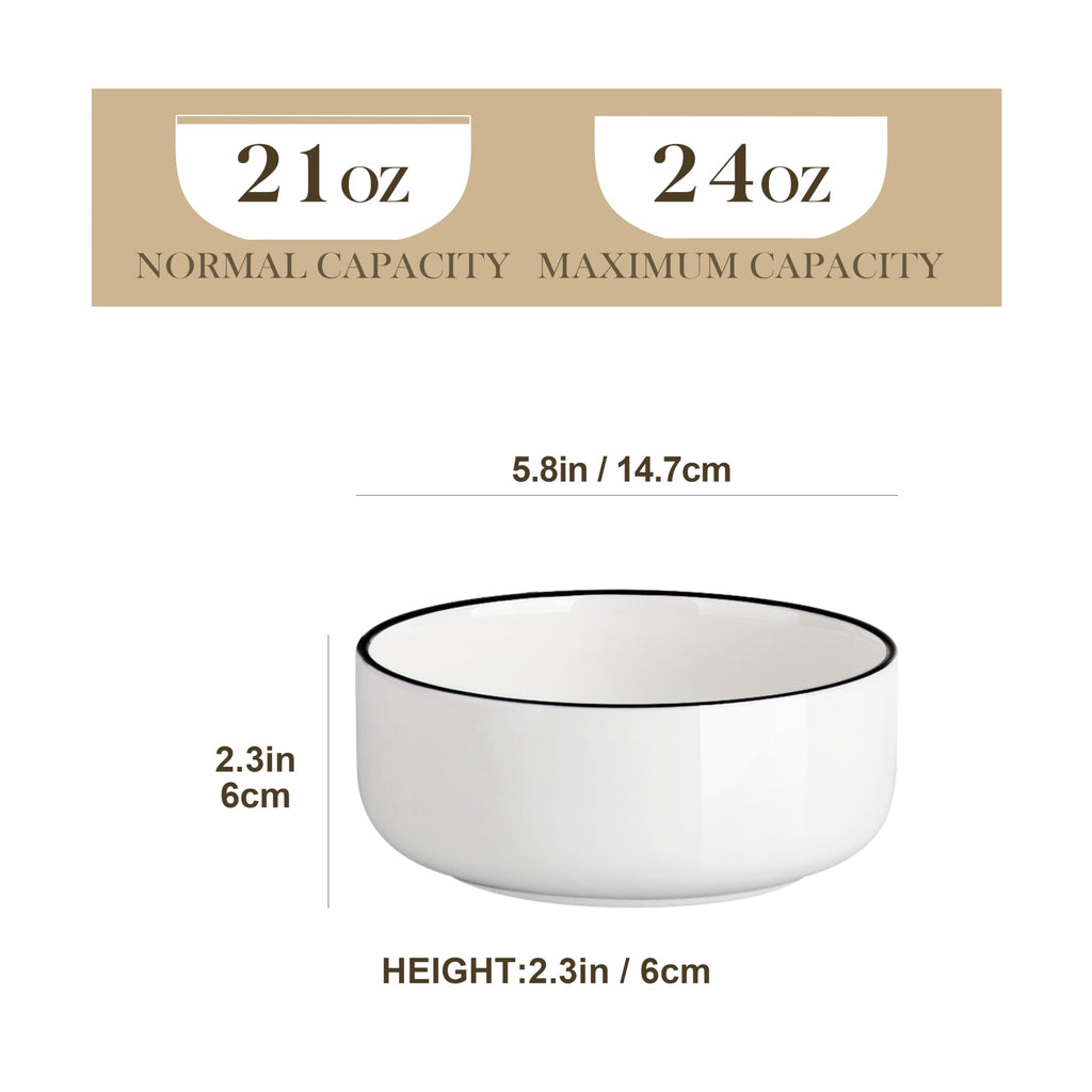 MALACASA 24 oz Cereal Bowls Set of 6 | Porcelain Soup & Salad Bowls