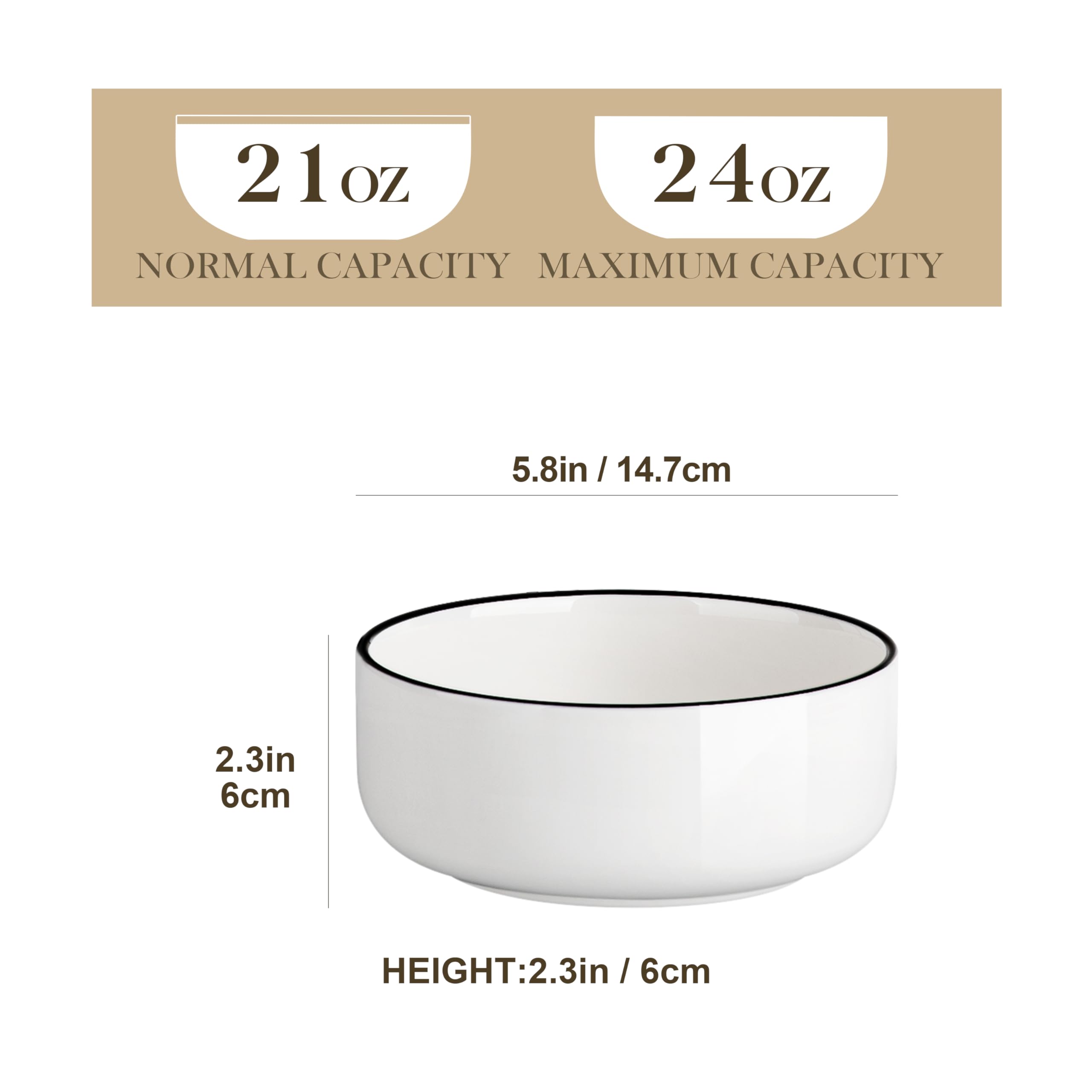 MALACASA 24 oz Cereal Bowls Set of 6 | Porcelain Soup & Salad Bowls