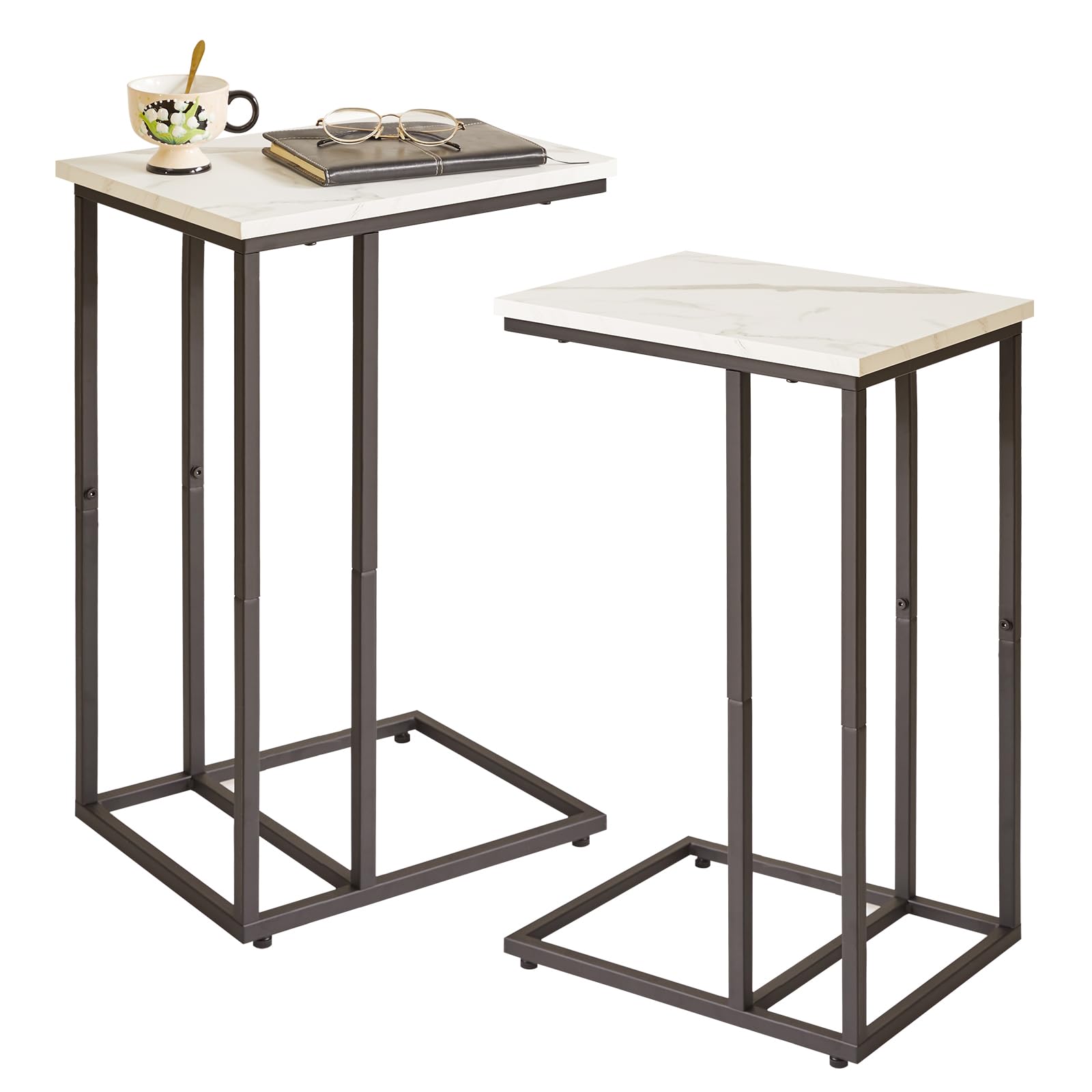 Aibiju Set of 2 C-Shaped End Tables | White Faux Marble & Metal Frame