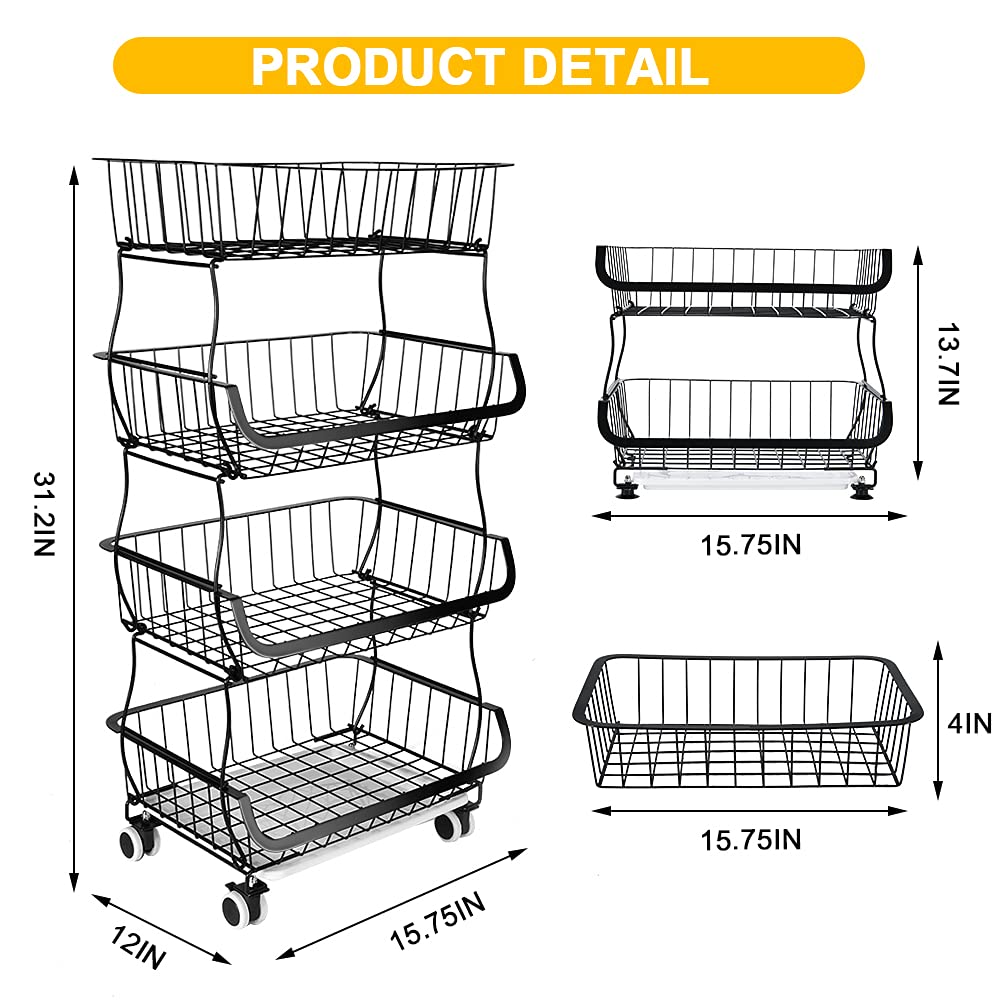 Jolof Store 4-Tier Stackable Metal Wire Fruit Basket on Wheels