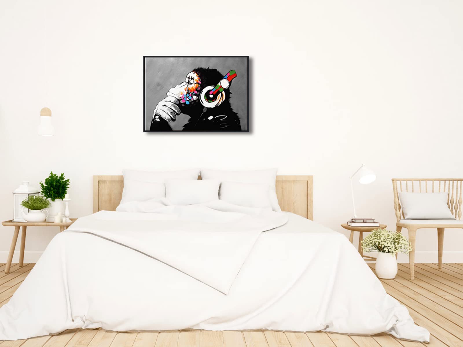 Banksy Monkey with Headphones Framed Canvas Wall Art – 29x21