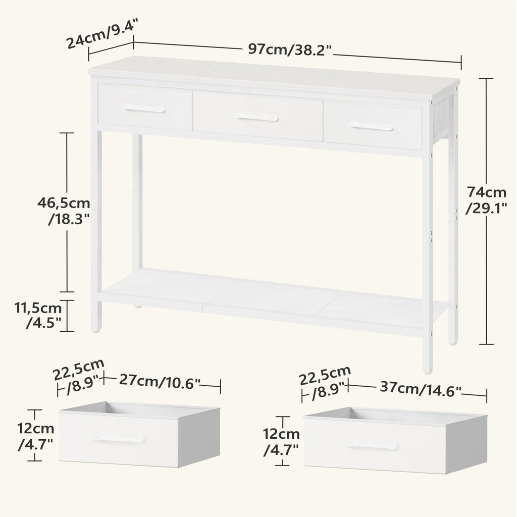 MAHANCRIS Console Table with 3 Fabric Drawers, Narrow Console Table with Open Shelf, 97 cm L Slim Entryway Table, Couch Table, for Hallway