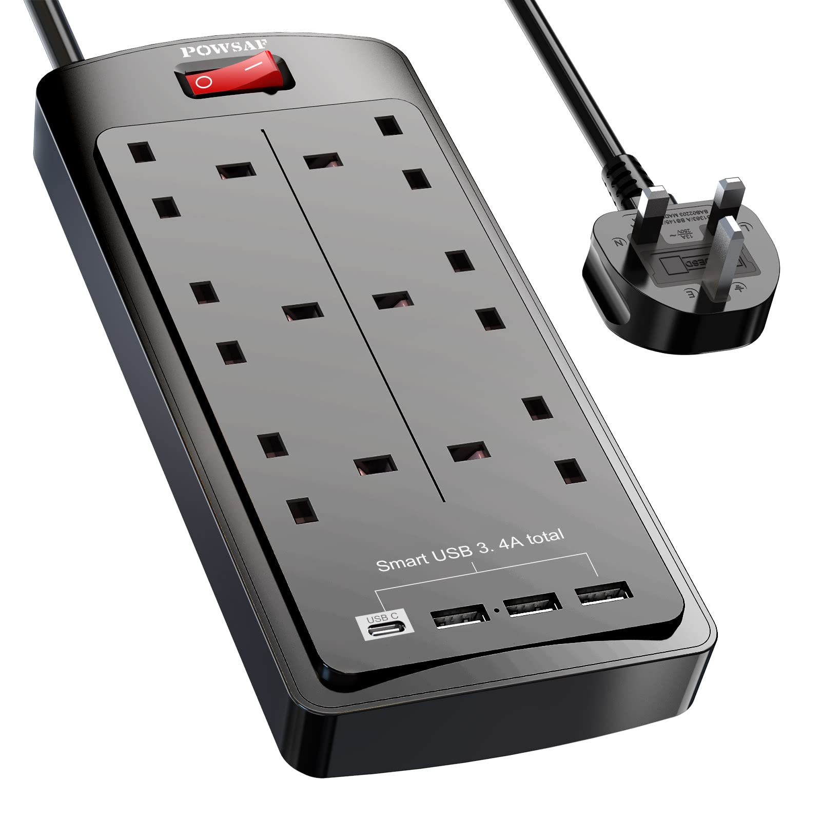 POWSAF 6 Way Extension Lead | 4 USB Ports & 2M Power Strip – Black