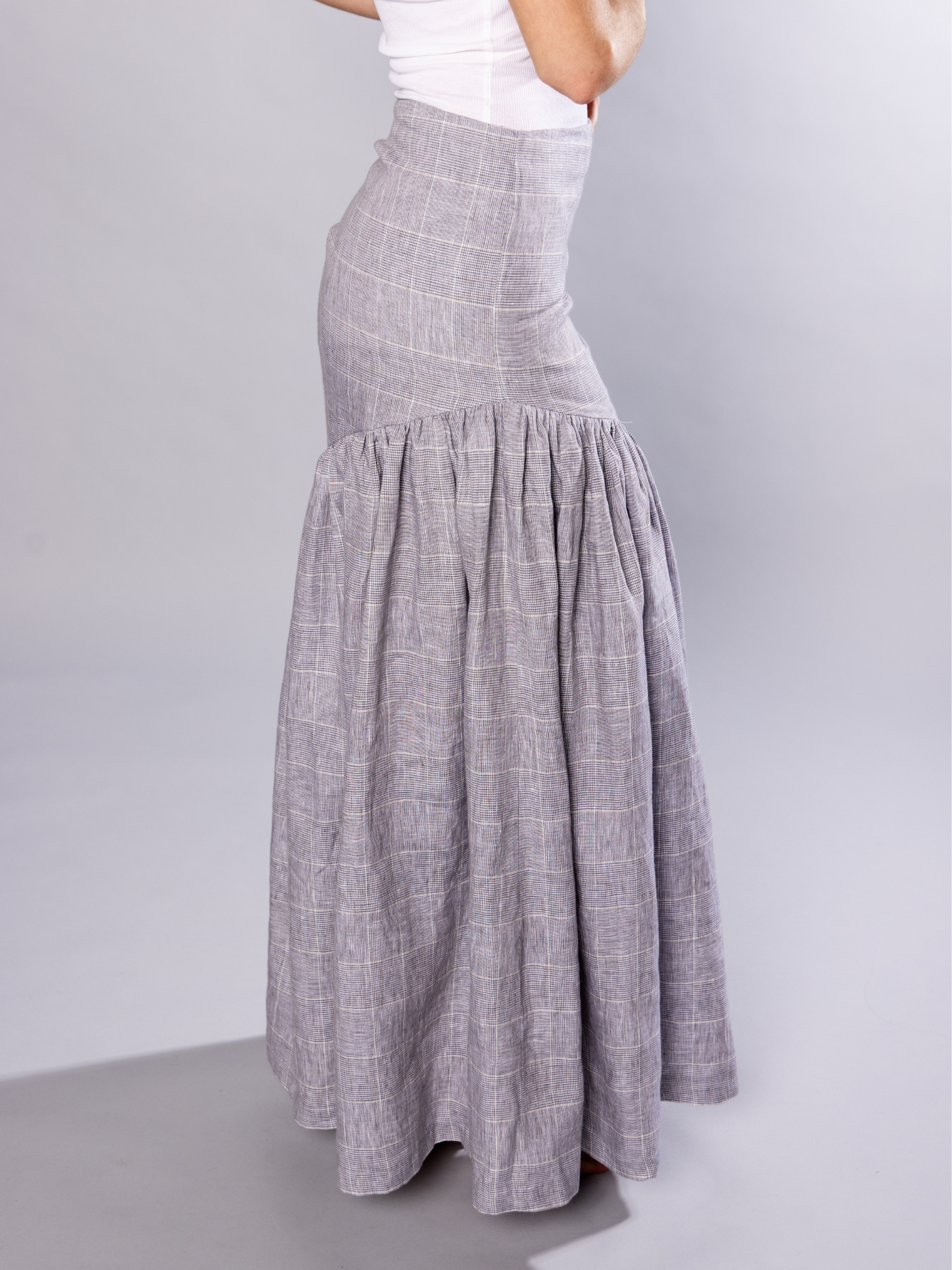 No More Nobody Hilda Organic Irish Linen Gathered Maxi Skirt – Grey Check