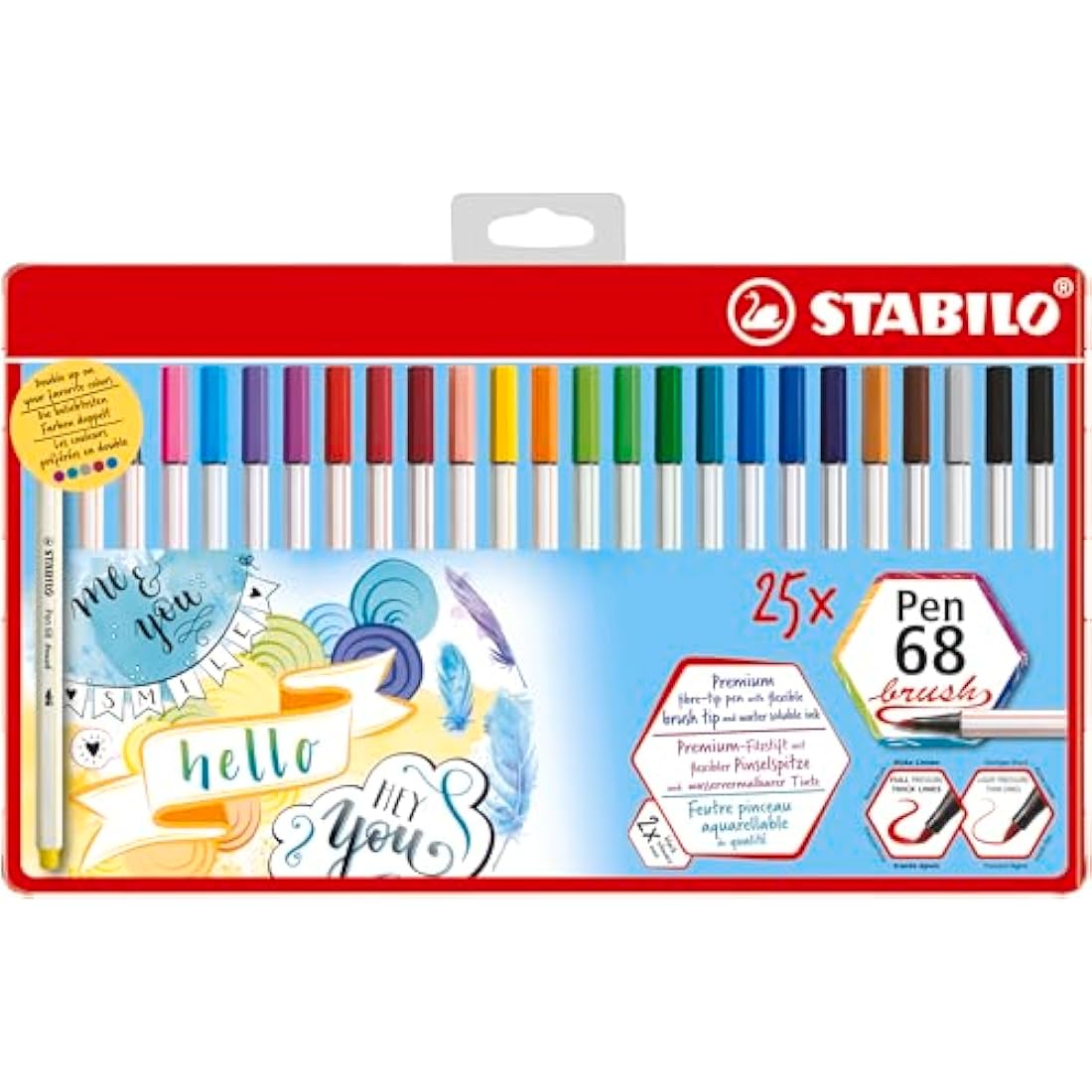 STABILO Pen 68 Brush Fibre-Tip Pens - Assorted Colours - Tin of 25