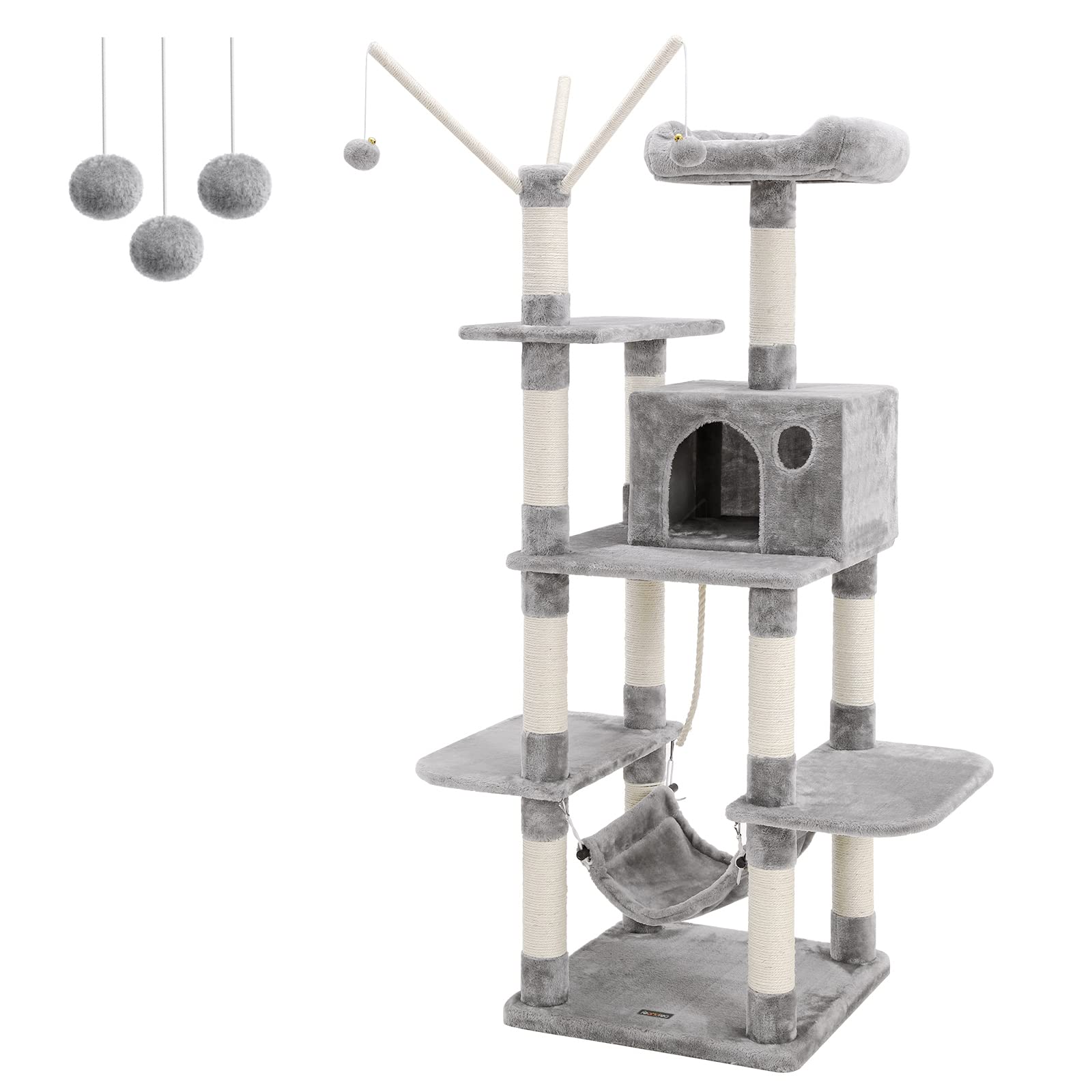 FEANDREA Cat Tree Tower with Condo, Hammock and Perch – Light Grey