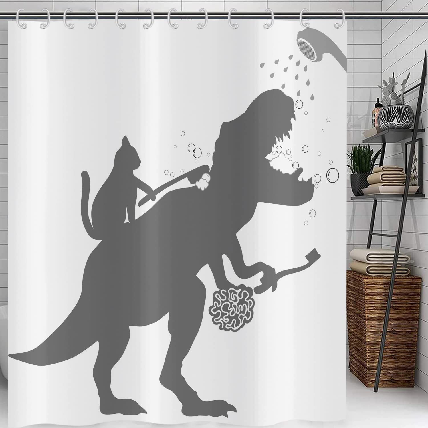 Hnmdmyi Funny Cat & Dinosaur Shower Curtain | Waterproof Polyester, 47x71"