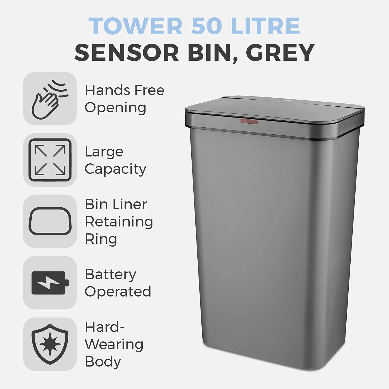Tower 50L Sensor Bin – Automatic Battery-Operated Waste Bin, Grey