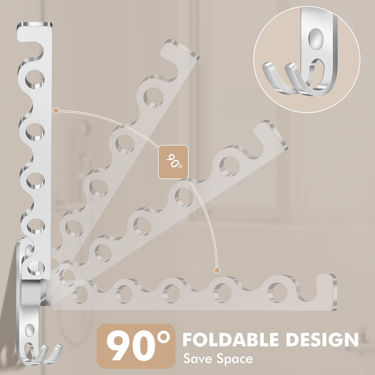 MEIJO Wall-Mounted Clothes Rack Silver, Foldable Wall Mounted Clothes Rail, 90° Rotation Heavy Duty Wall Clothing Drying Rack Wall Coat Rack for