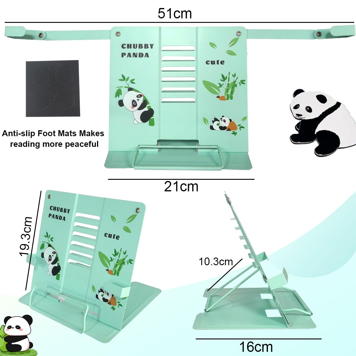 Garegce Book Stand Folding with Page Paper Clips, Cute Animal Panda Book Holder, Cookbook Stands 6-Position Adjustable Height for Reading - image 2