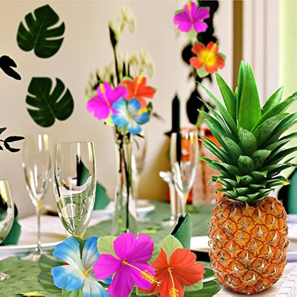 Jolof Store Tropical Palm Leaves & Hibiscus Flowers - 60 Pc Luau Decor