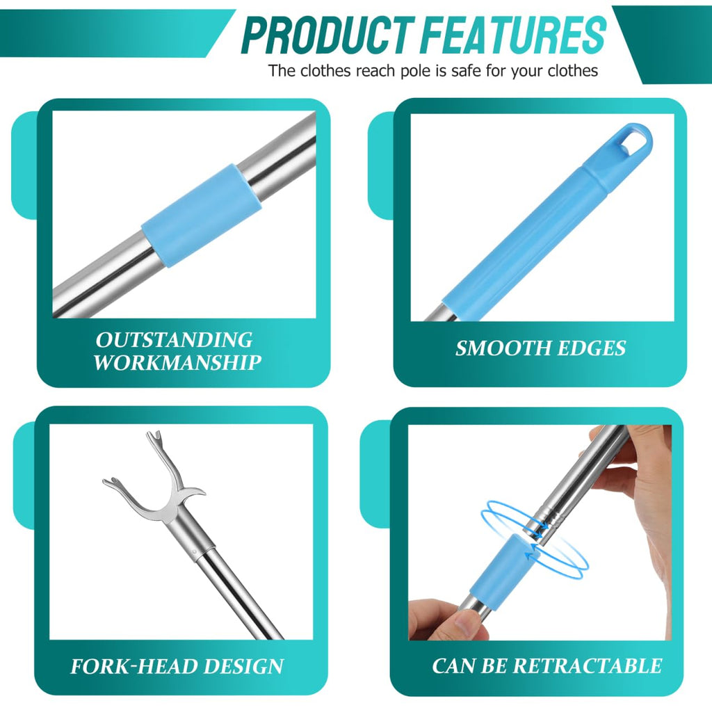PRETYZOOM Adjustable Clothes Pole Telescoping Reach Stick Detachable Clothes Drying Rod for Wardrobe and High Reach Clotheslines Sky-Blue - image 5