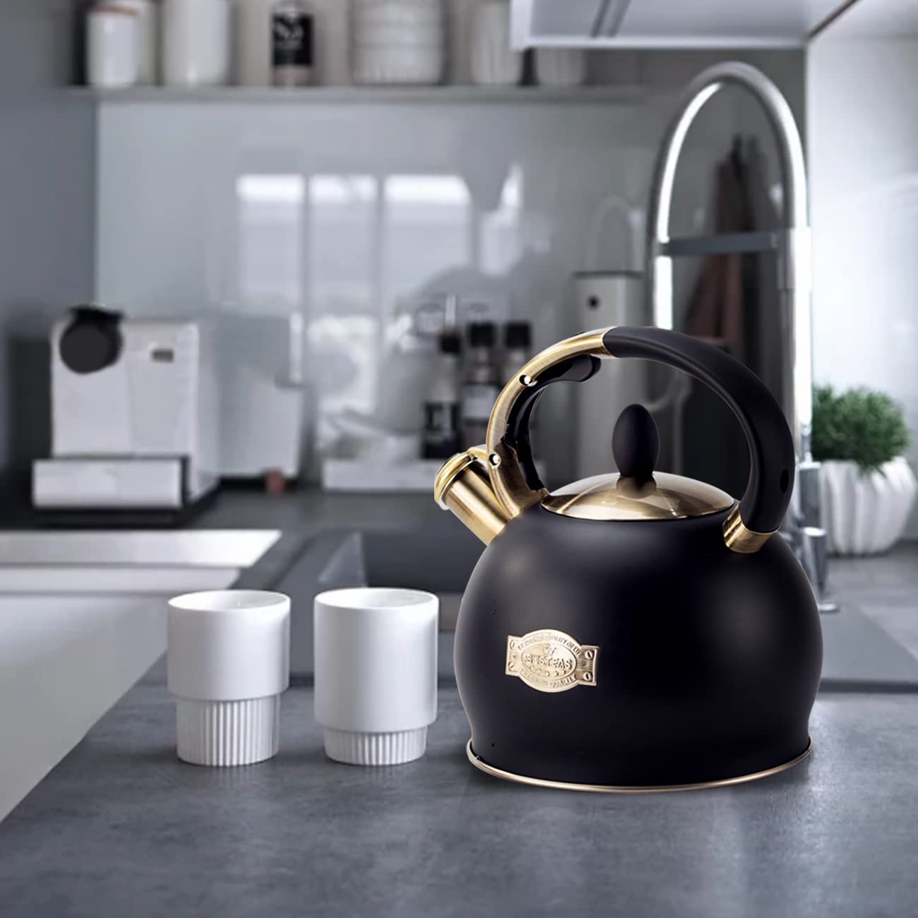 SUSTEAS Whistling Tea Kettle – 3L Stainless Steel Stovetop Teapot, Black