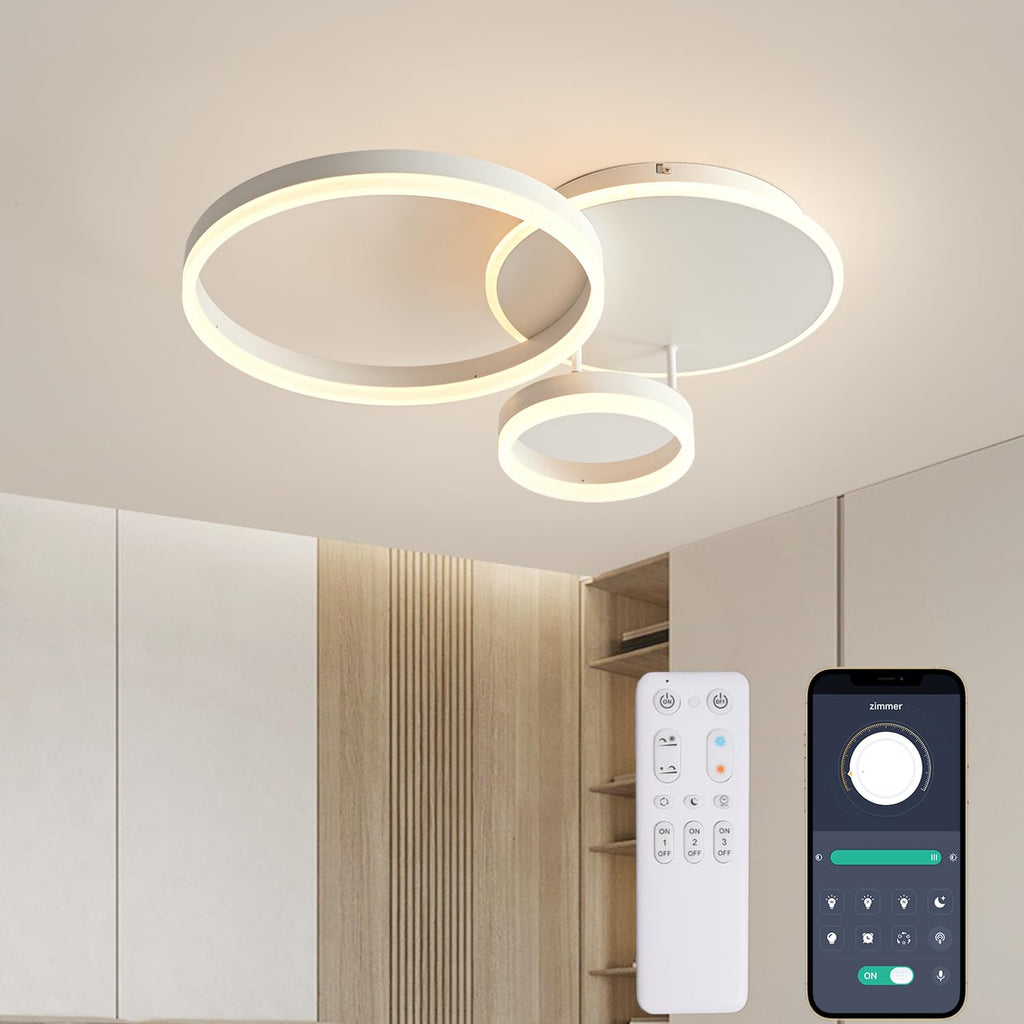 KAUCQI Modern LED Ceiling Light | 54W Dimmable 3-Ring Lamp with Remote