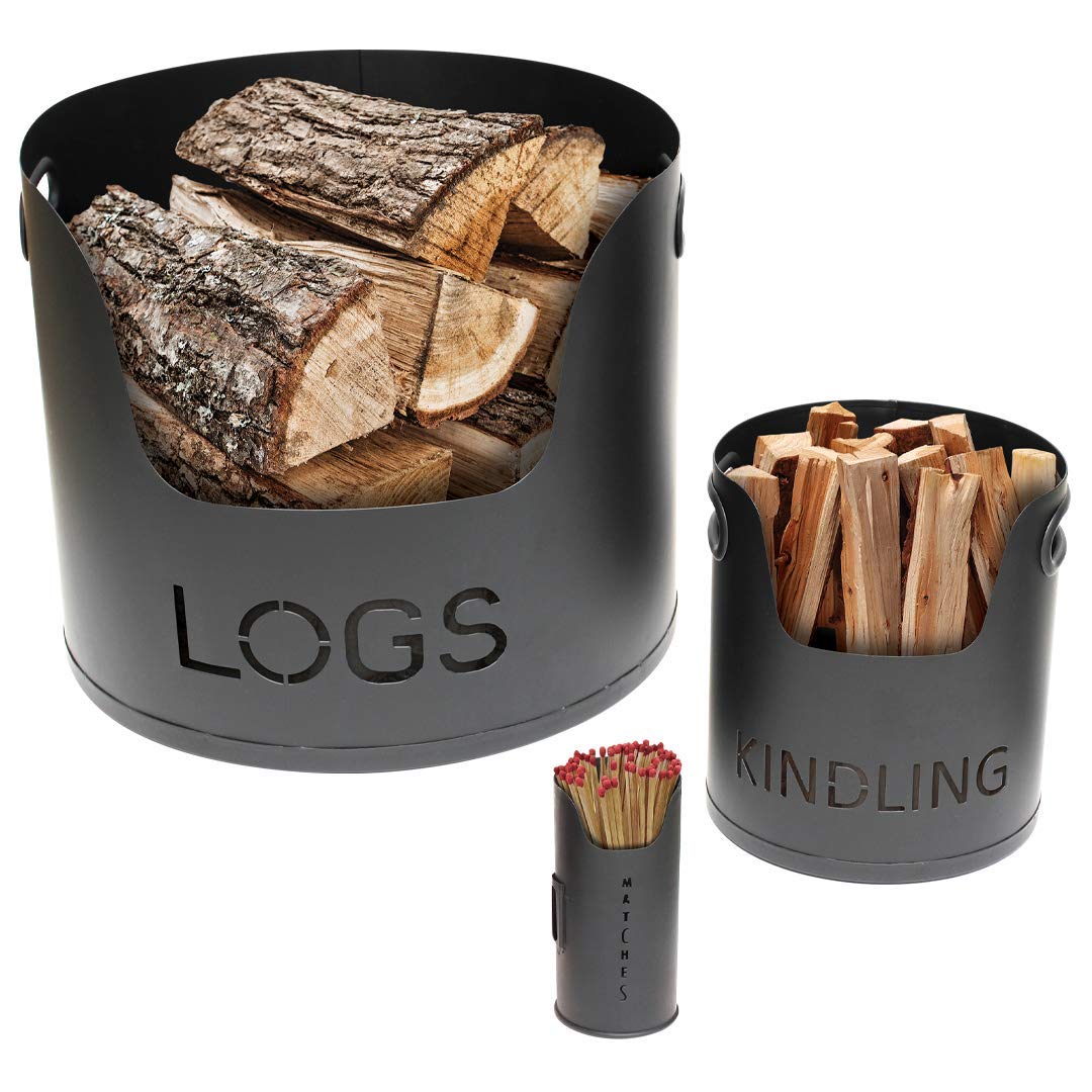 Valiant Fireside Metal Storage Set – 3-Piece Hearth Log Holder in Black