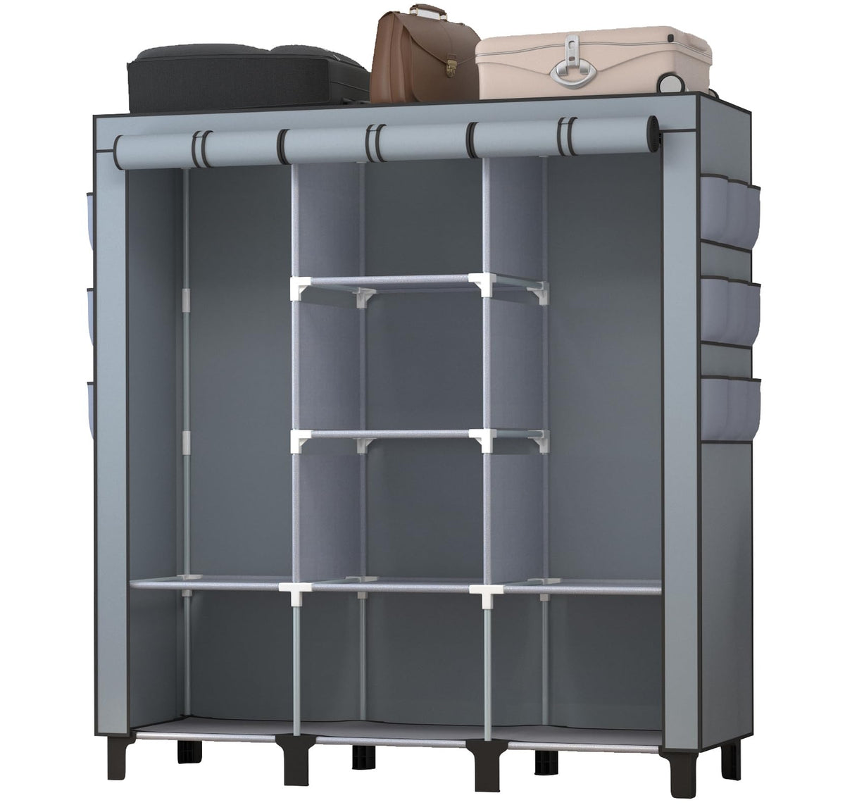 chunyangjingpin Portable Closet with 2 Hanging Rails & 8 Shelves, Bedroom Wardrobe with 18 Side Pockets, Foldable Garment Organiser Grey