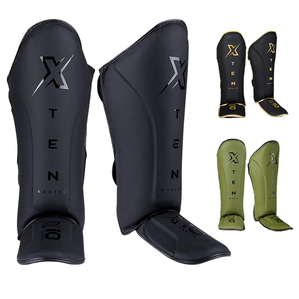 XTEN SPORTS Muay Thai Shin Guards – Gel Padded Leather MMA Gear, Matte Black