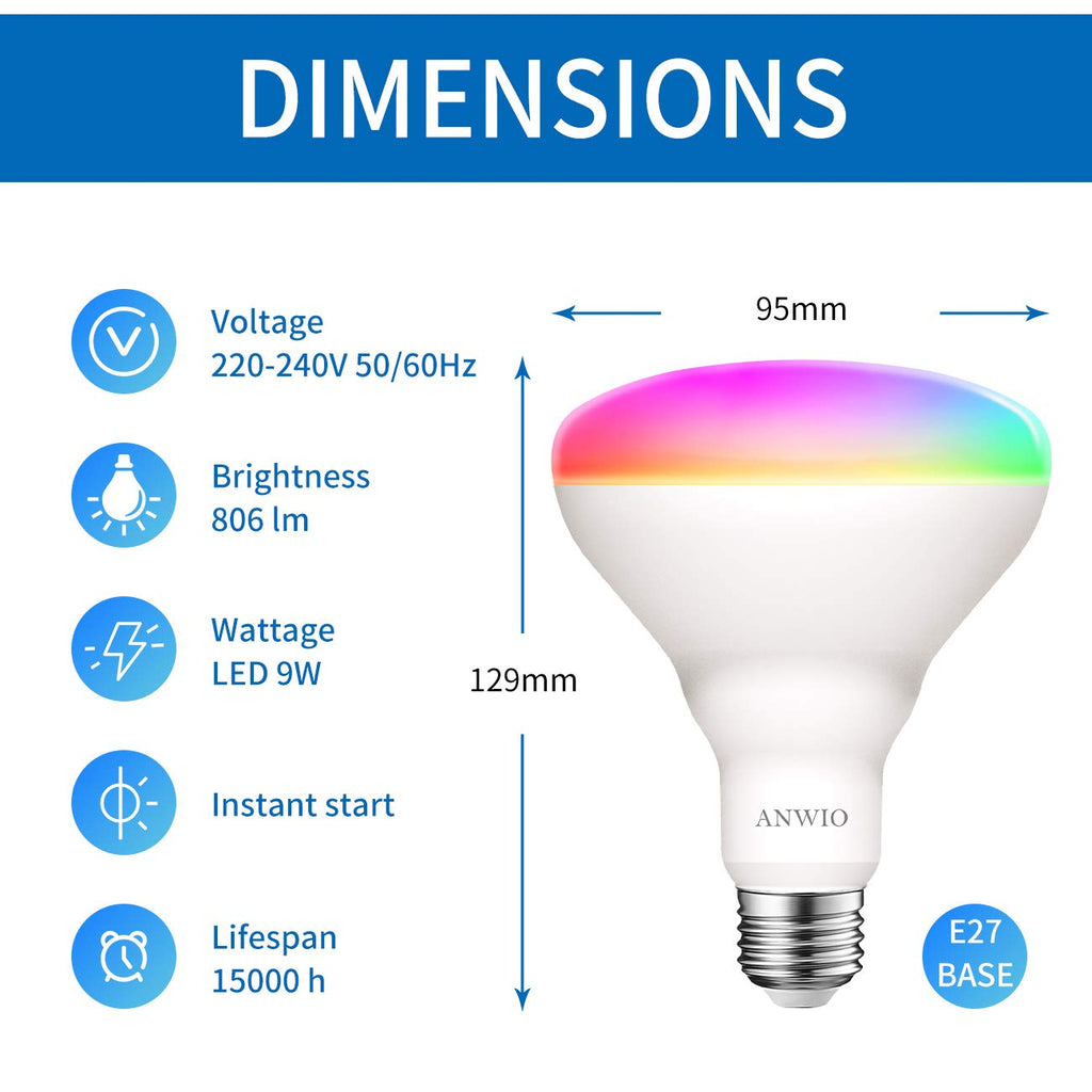 ANWIO Smart BR30 E27 LED Bulb | RGB Dimmable WiFi Light | 4 Pack