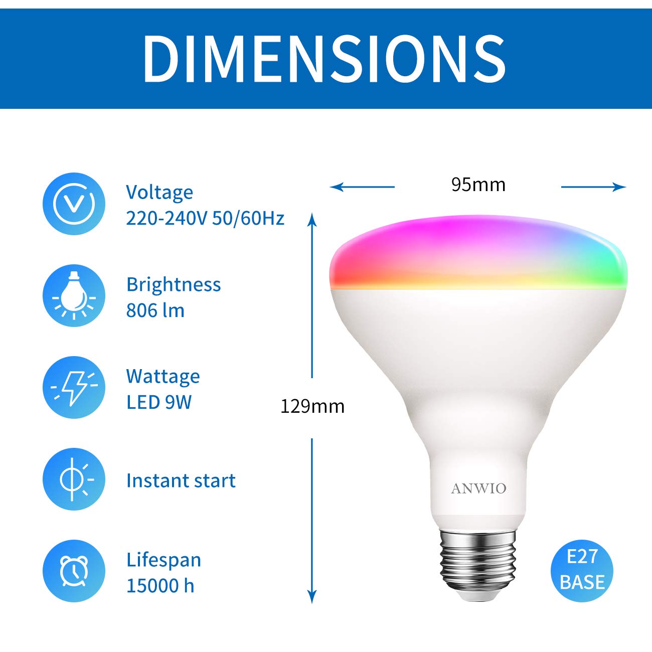 ANWIO Smart BR30 E27 LED Bulb | RGB Dimmable WiFi Light | 4 Pack
