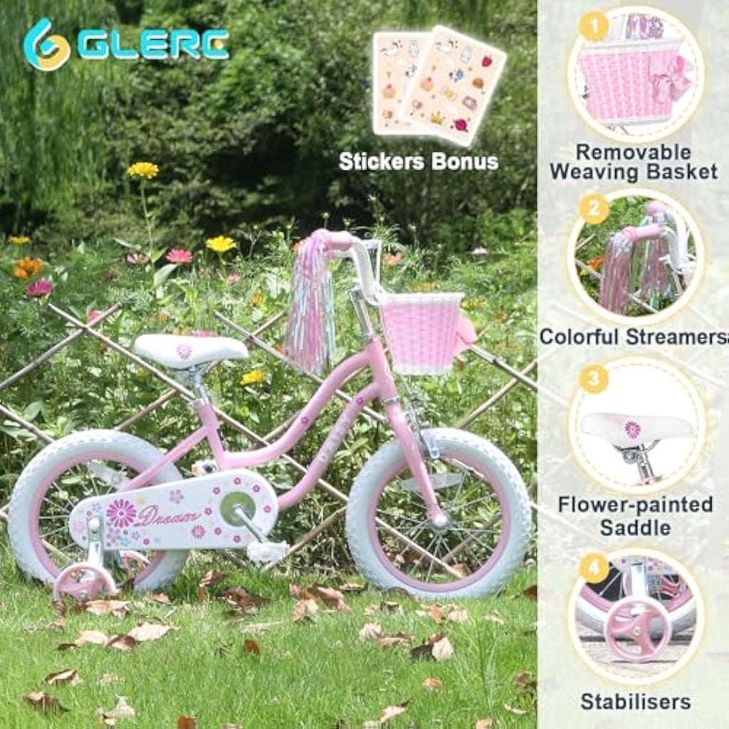 Glerc Daisy 16 Inch Girls Bike with Training Wheels and Basket | Pink