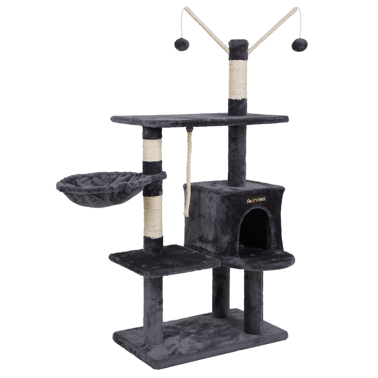 FEANDREA 134cm Cat Tree Scratcher | Multi-Level Condo with 2 Houses - Grey