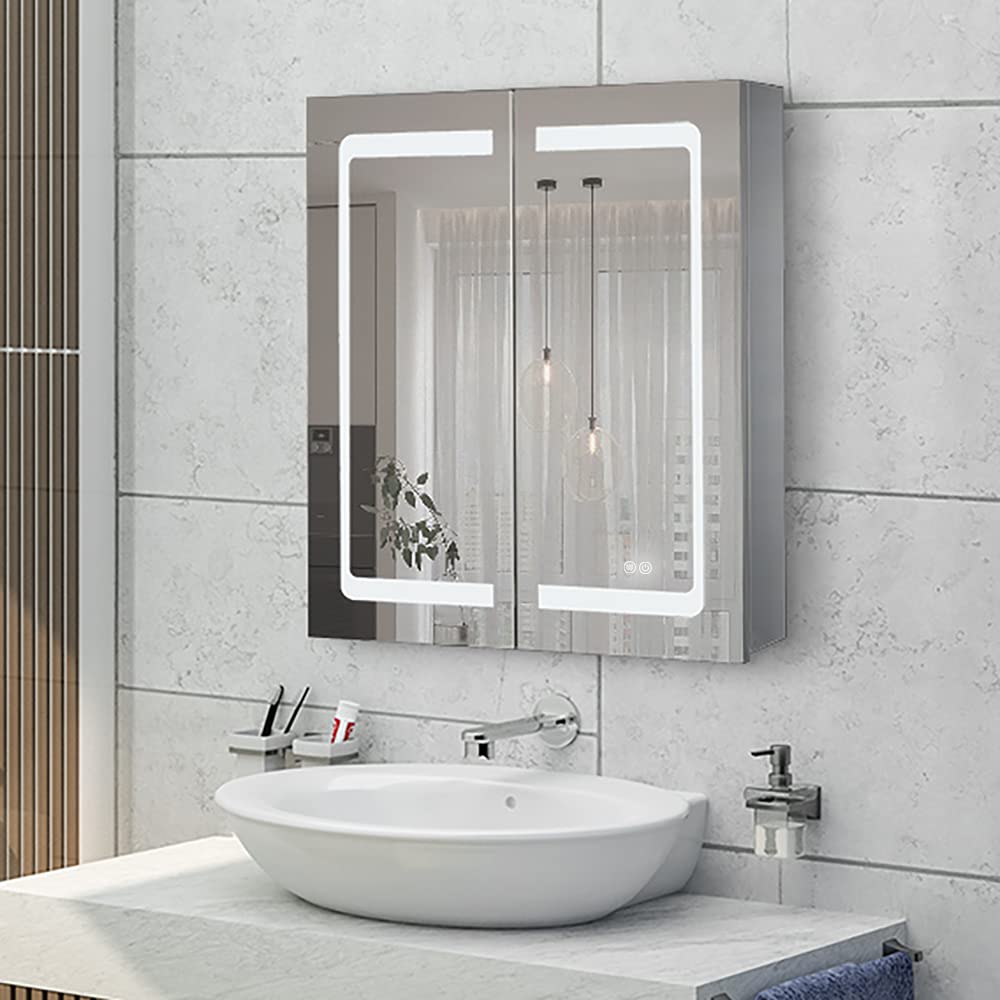 Janboe 24x28 LED Bathroom Medicine Cabinet | Stainless Steel Anti-Fog Mirror