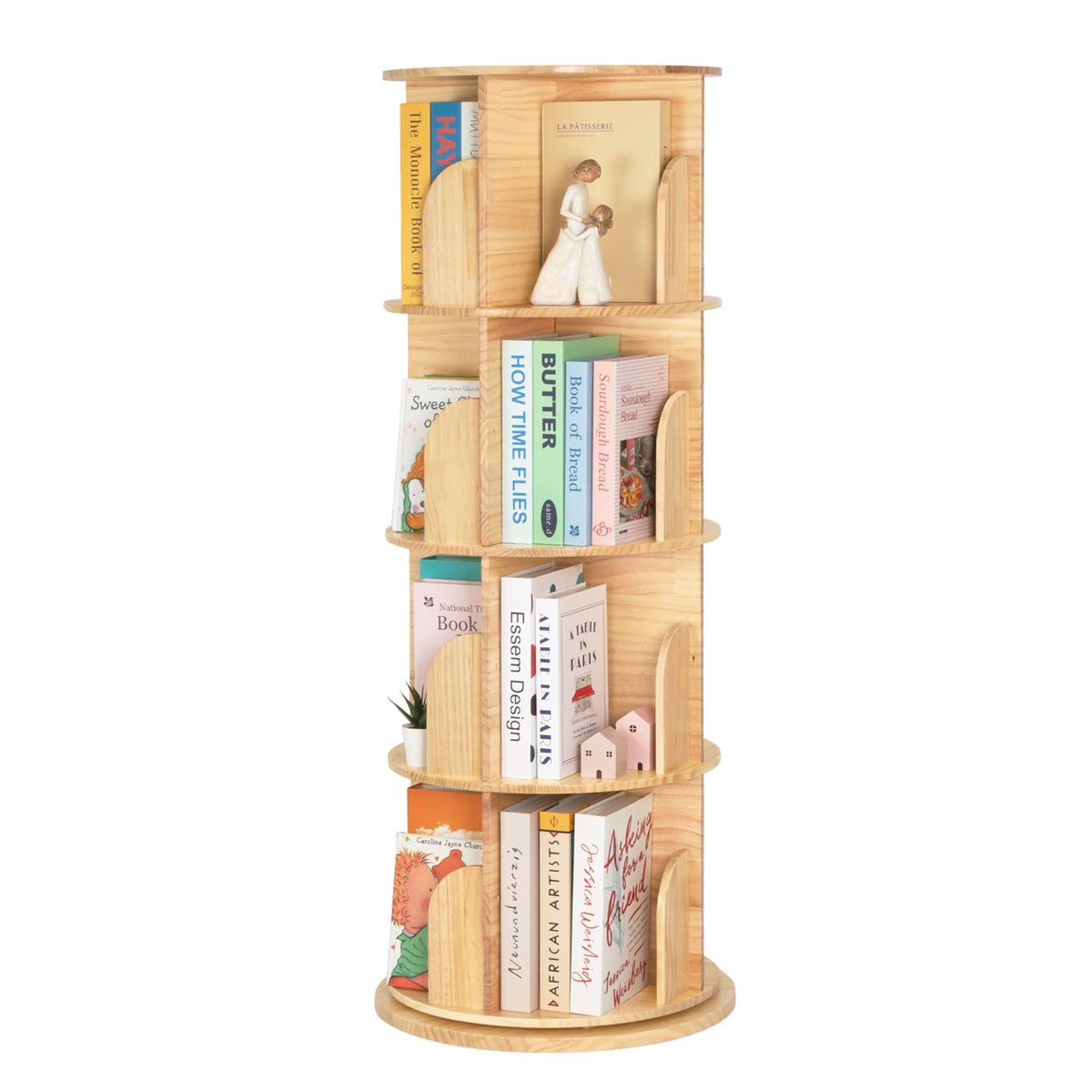 OOOK Wooden Rotating Bookshelf, 4-Tier 360° Spinning Solid Wood Revolving Bookcase, Space-Saving Floor Standing Spinning Bookshelf for Study Room - image 1