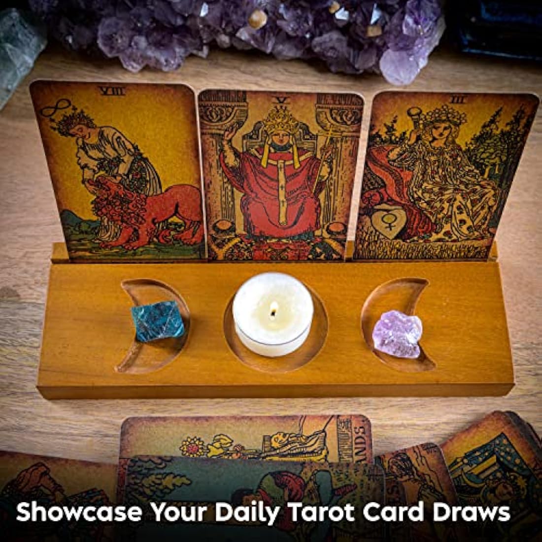 Curawood Triple Moon Wooden Tarot Card Holder Stand - Holds 3 Cards