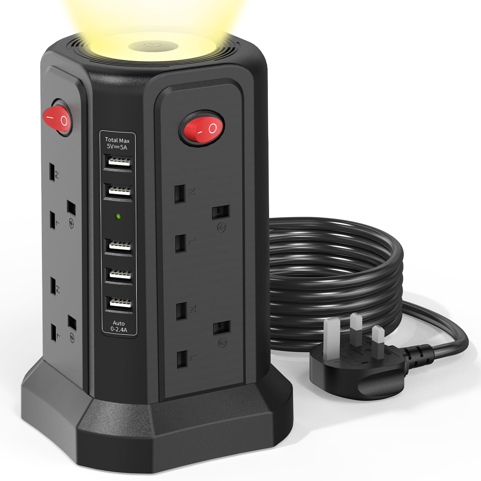Jolof Store 8-Way Tower Extension Lead with 5 USB Ports & Night Light