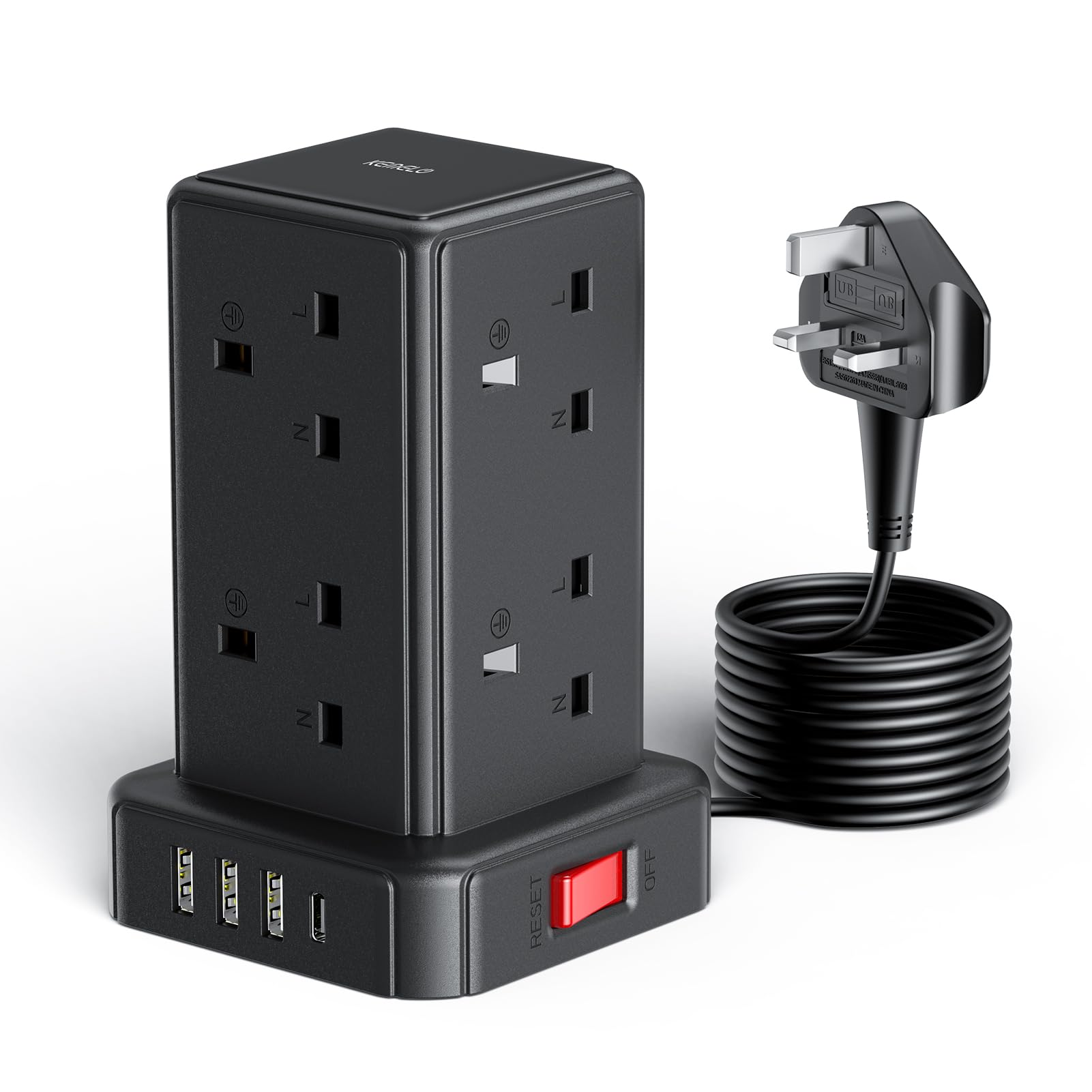 Kemelo 8-Way Extension Tower | 4 USB Ports & 5M Surge Protected Cable