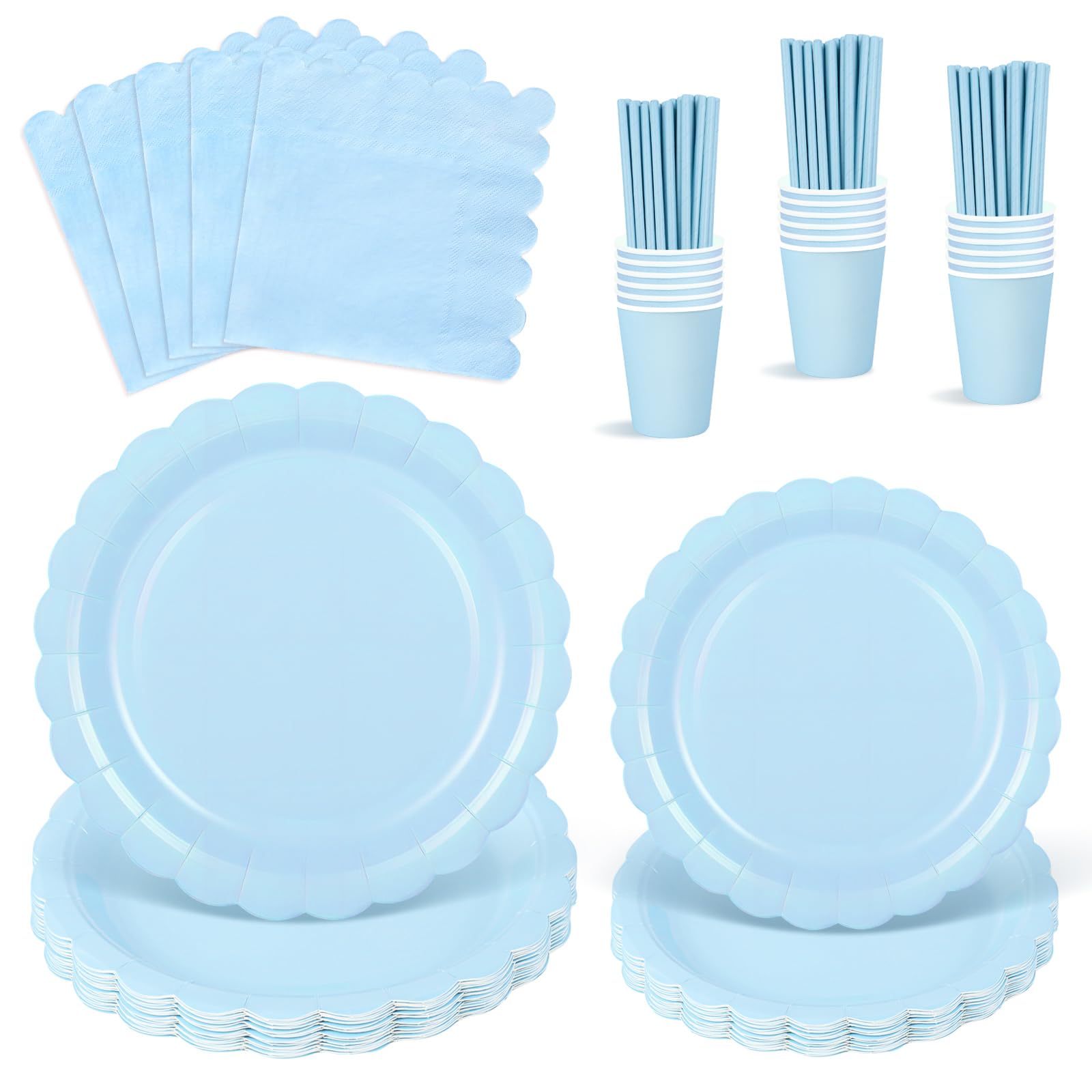 NatNarr Light Blue Scalloped Paper Plates and Napkins Set – 125 Pcs