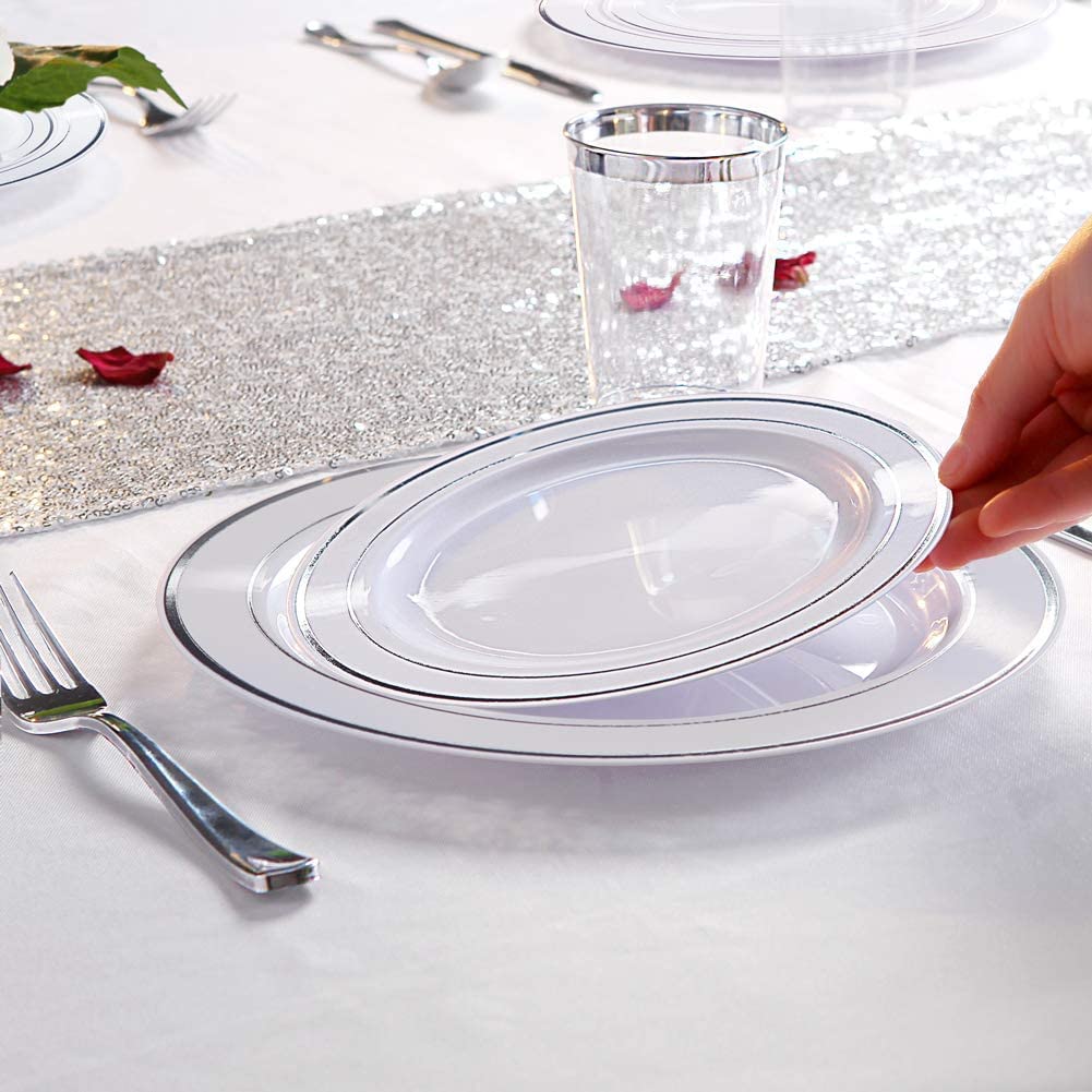 LATERN 150-Piece Silver Rim Plastic Dinnerware Set – Reusable Party Supplies