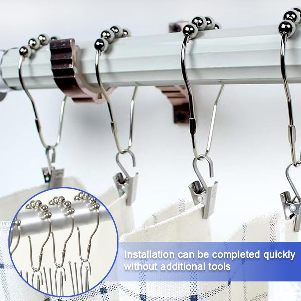 12 Pcs Stainless Steel Shower Curtain Hooks, Shower Curtains Rings, Shower-Rod Rail Rings for Bathroom Curtains Rods, Easy To Open, Close & Install - image 5