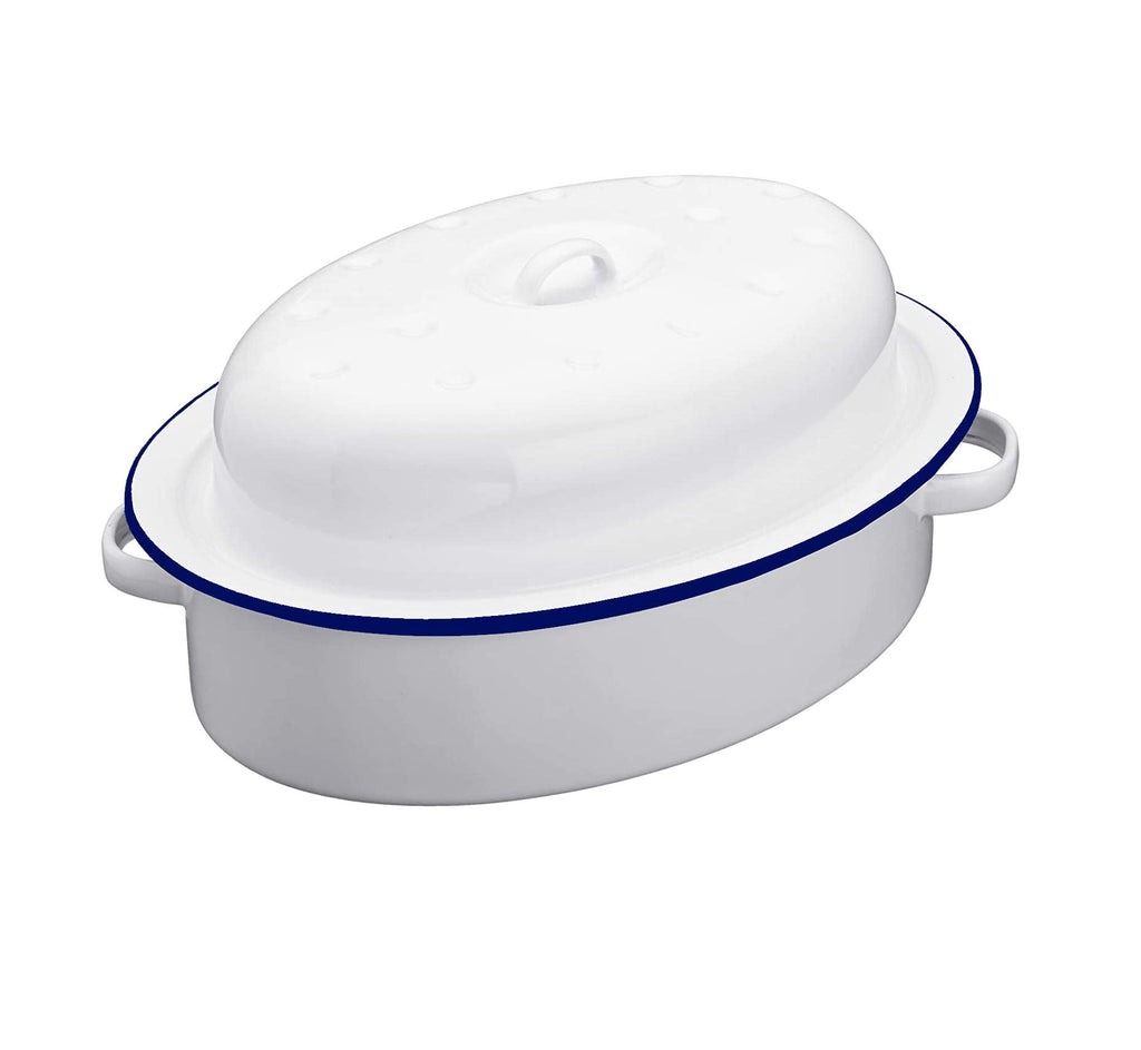 Enamel Oval Roaster - 36cm Self Basting Roasting Dish with Lid