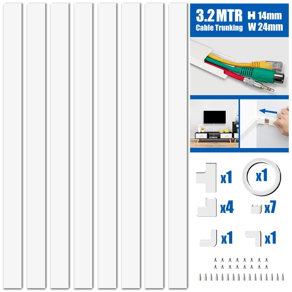 MUDEELA Cable Trunking Kit – Self Adhesive Wall Wire Covers, White, 8 Pack